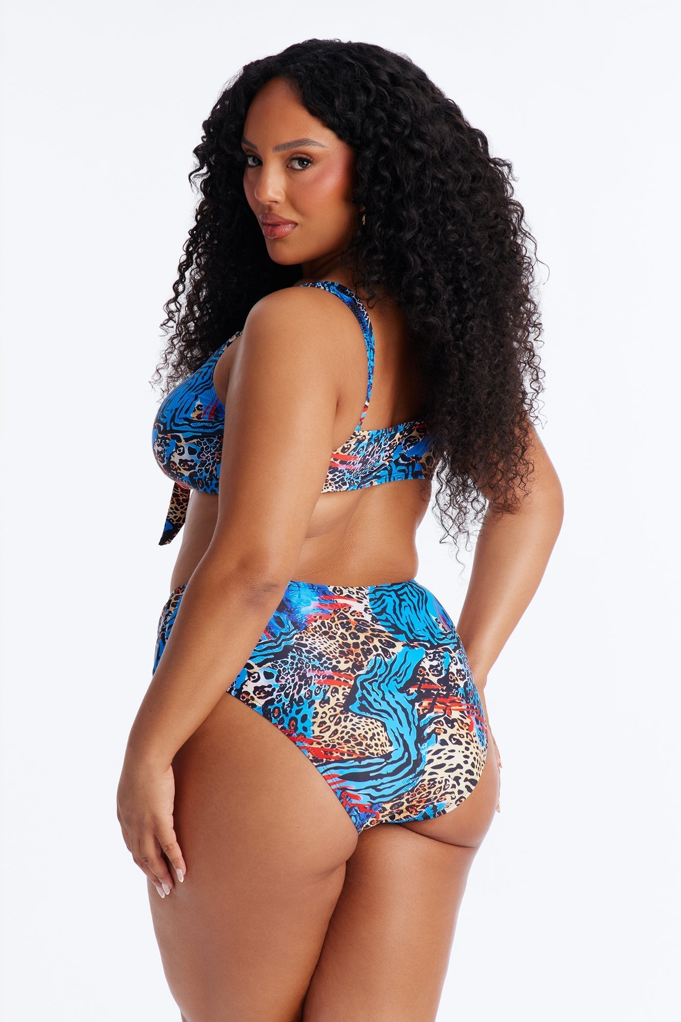 Unstoppable Wild Paradise Animal Front Tie Ruching High Waist Midi 3 Piece Bikini Komono Set - Blue/combo NEWFASHIONEDGE