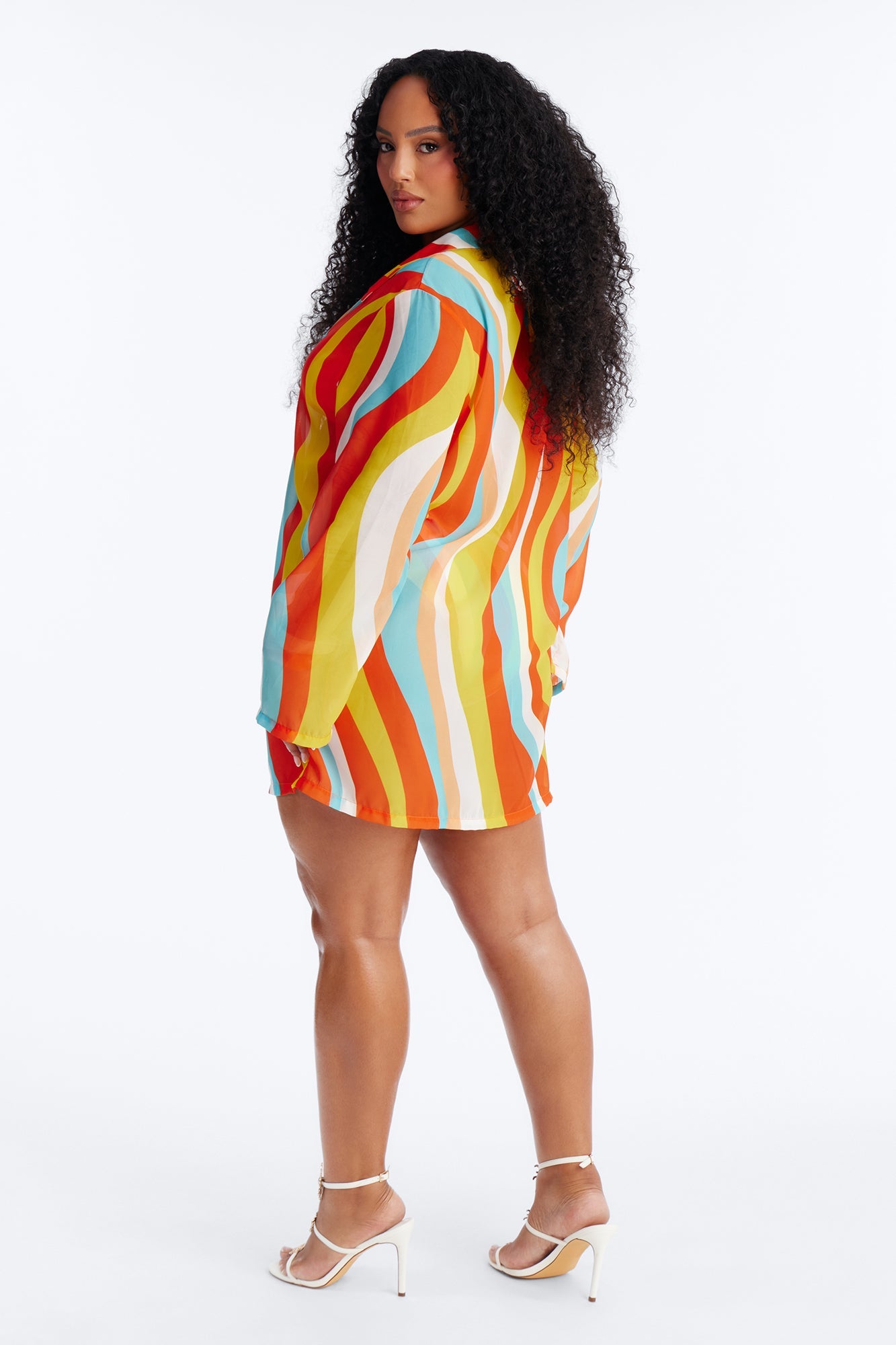 Desert Oasis Striped Triangle Bikini Mesh Shirt Cover Up Set - Orange/combo