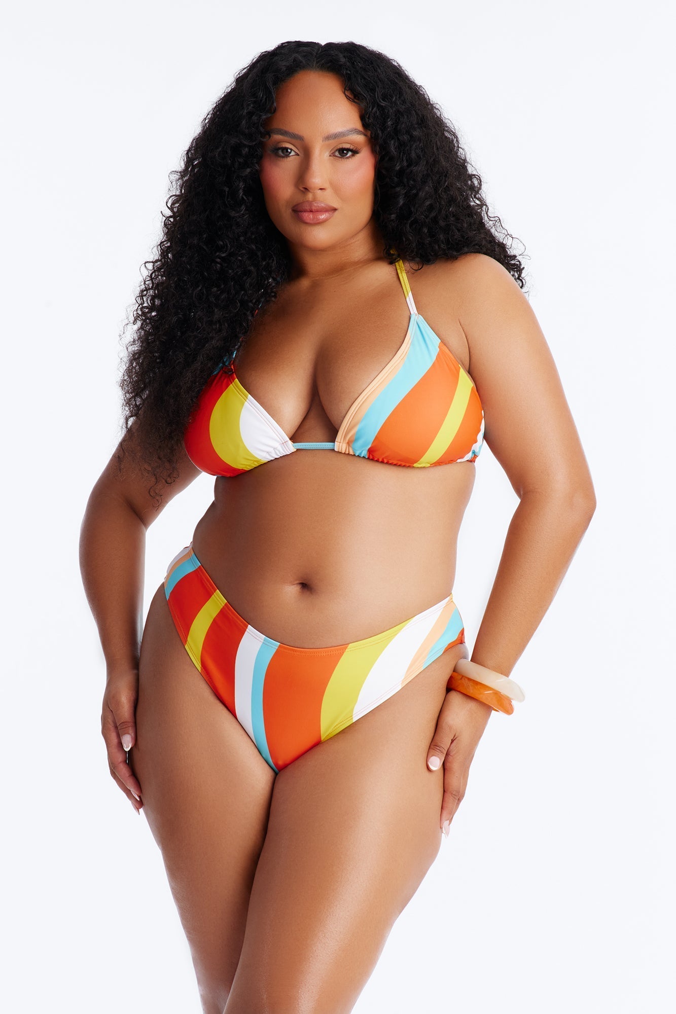 Desert Oasis Striped Triangle Bikini Mesh Shirt Cover Up Set - Orange/combo NEWFASHIONEDGE