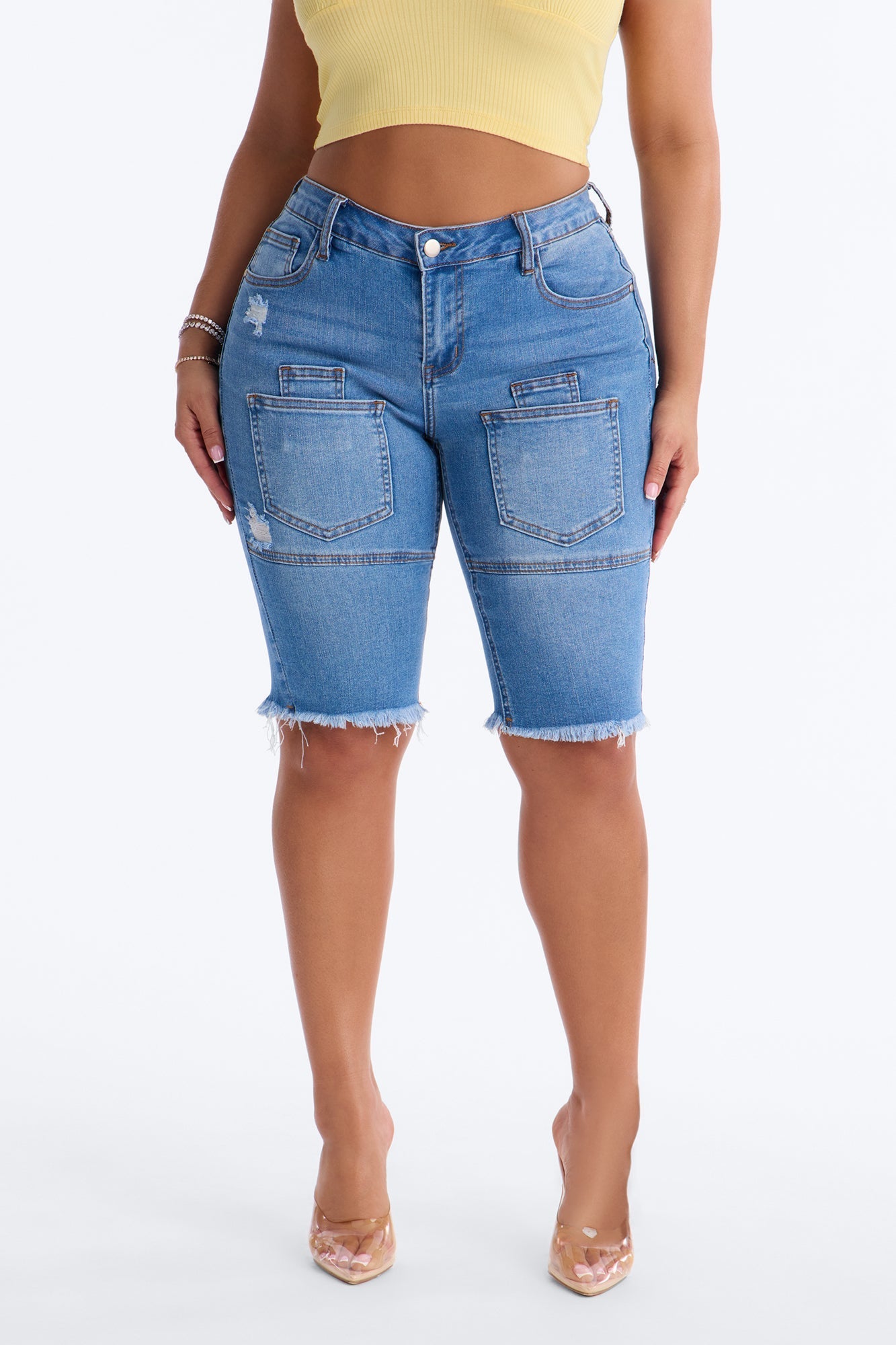 Like That Fray Hem Denim Bermuda Shorts - Medium Wash NEWFASHIONEDGE