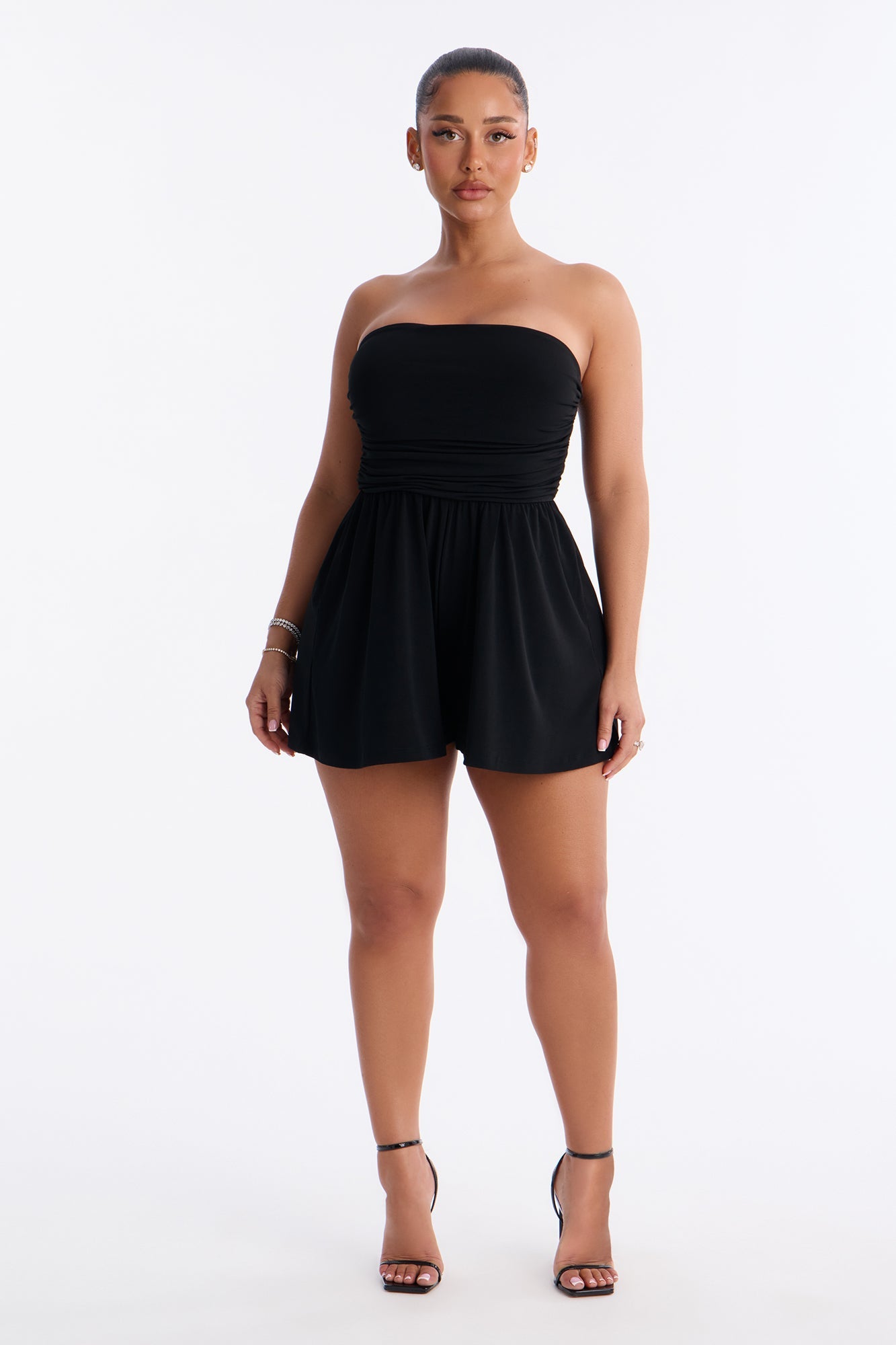 Krisha Strapless Flowy Romper - Black Fashion Nova