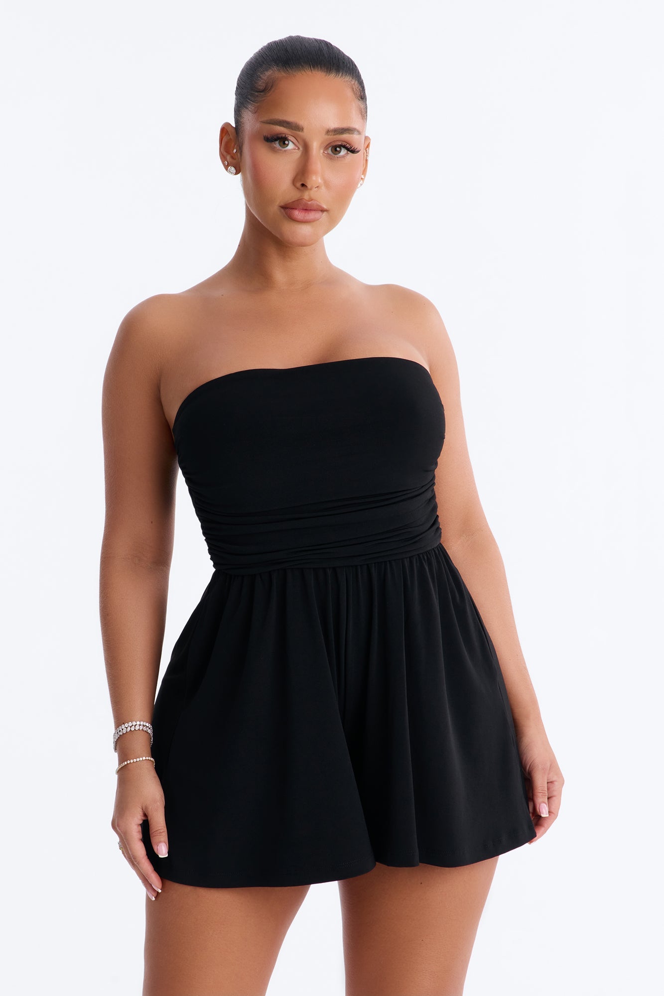 Krisha Strapless Flowy Romper - Black Fashion Nova