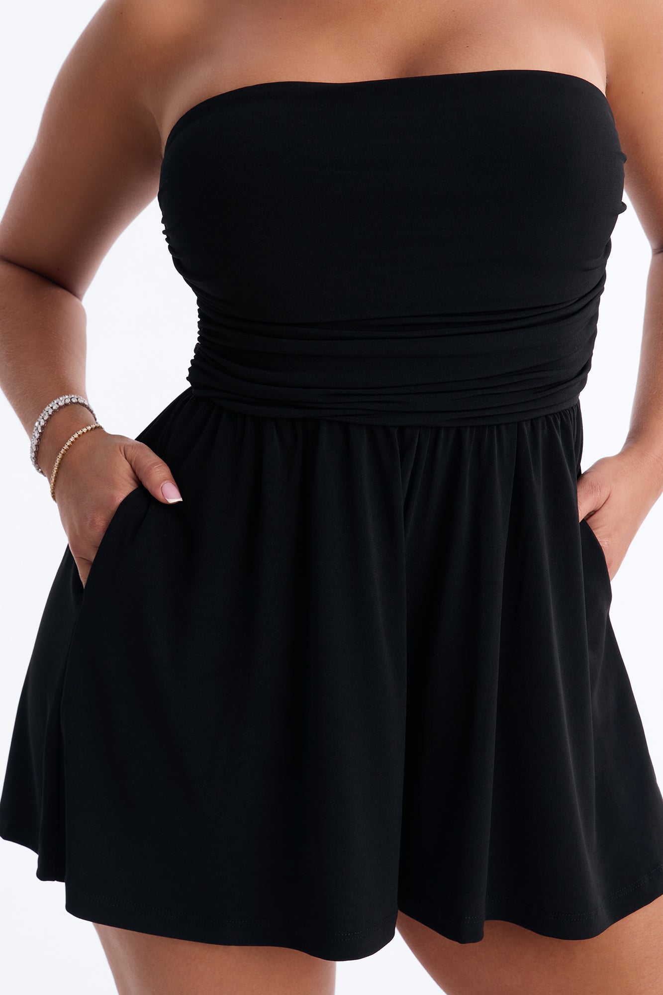 Krisha Strapless Flowy Romper - Black Fashion Nova