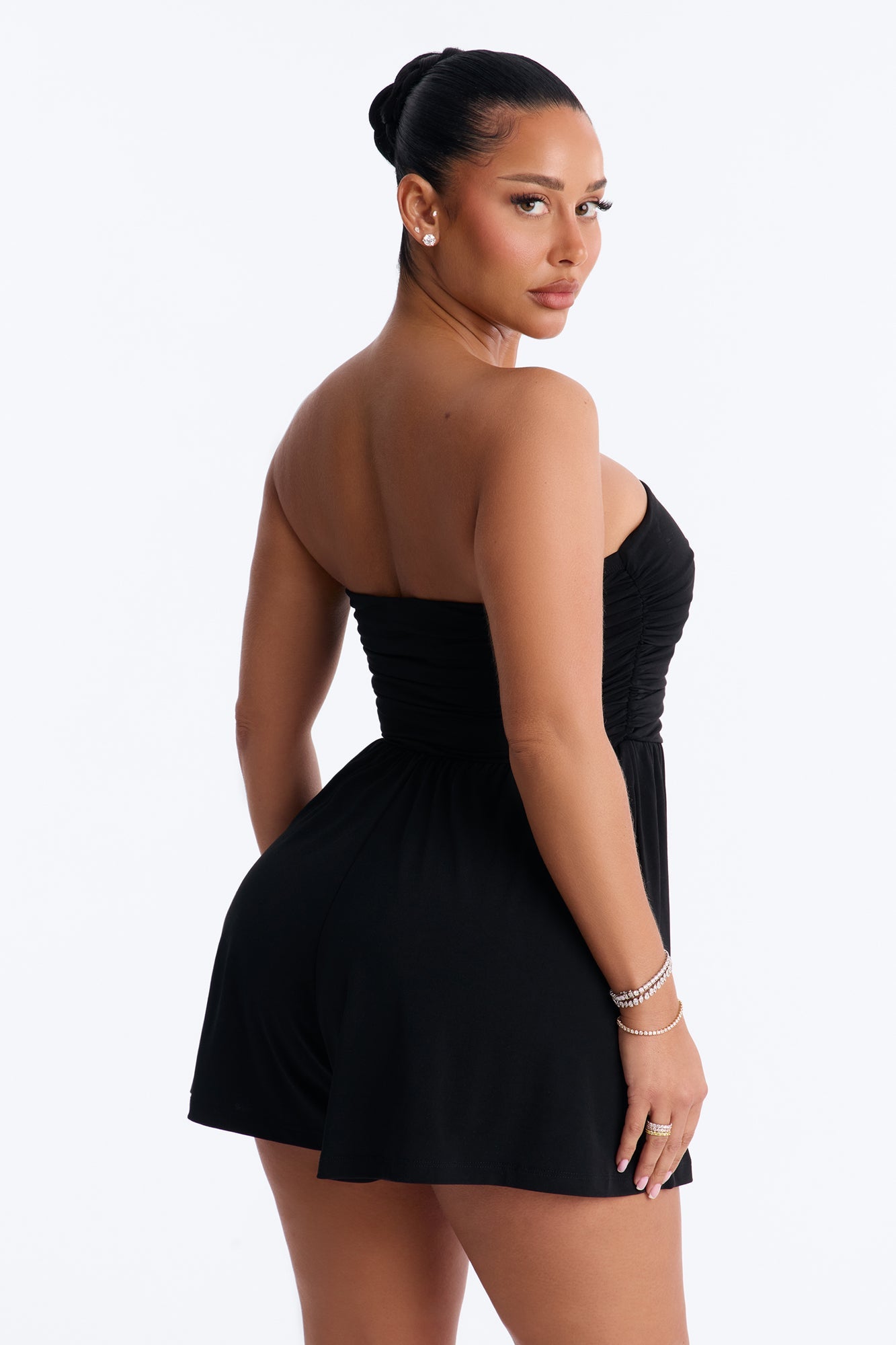 Krisha Strapless Flowy Romper - Black Fashion Nova