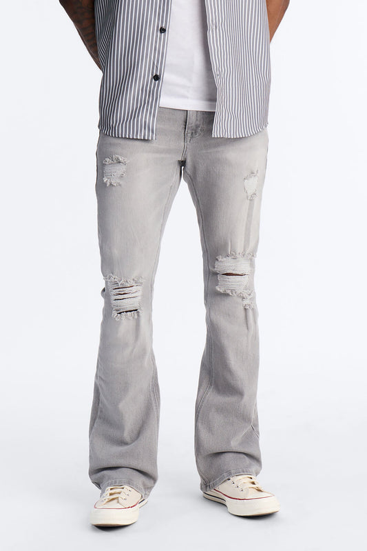 Essential Destroyed Stacked Slim Flare Stretch Jean - Grey