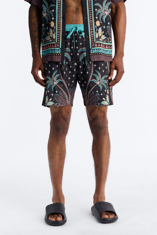 Tropical Twilight Resort Swim Trunk 7″ - Black
