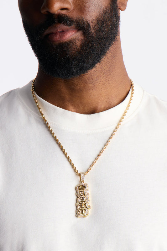 Saint Script Vertical Iced Pendant Necklace - Gold