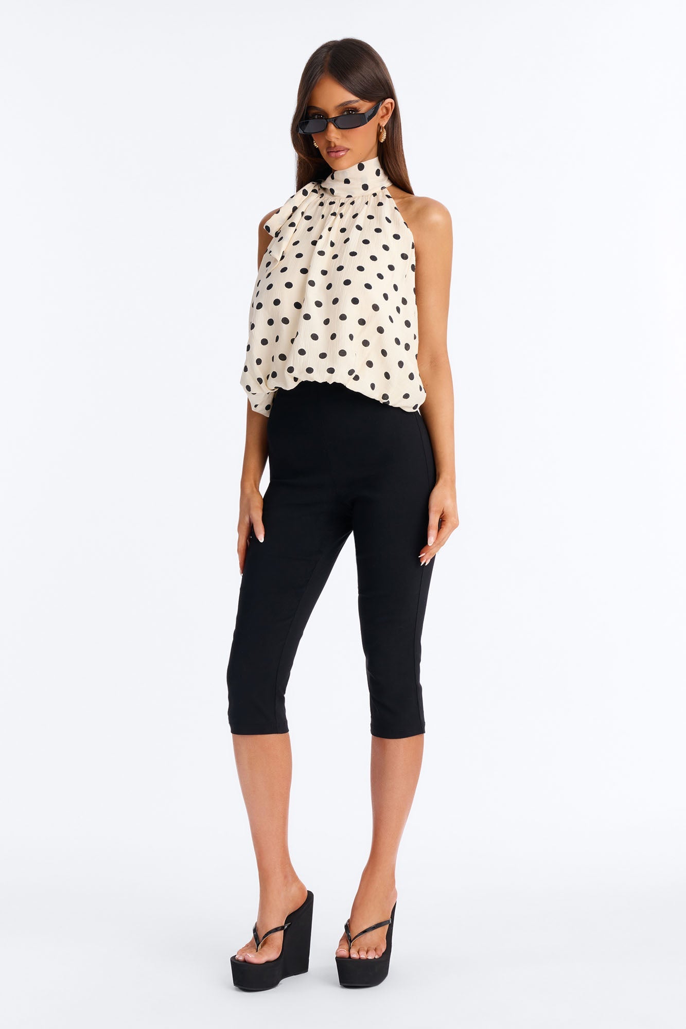 Retro Chic Mock Neck Polka Dot Airflow Top - Cream/combo NEWFASHIONEDGE