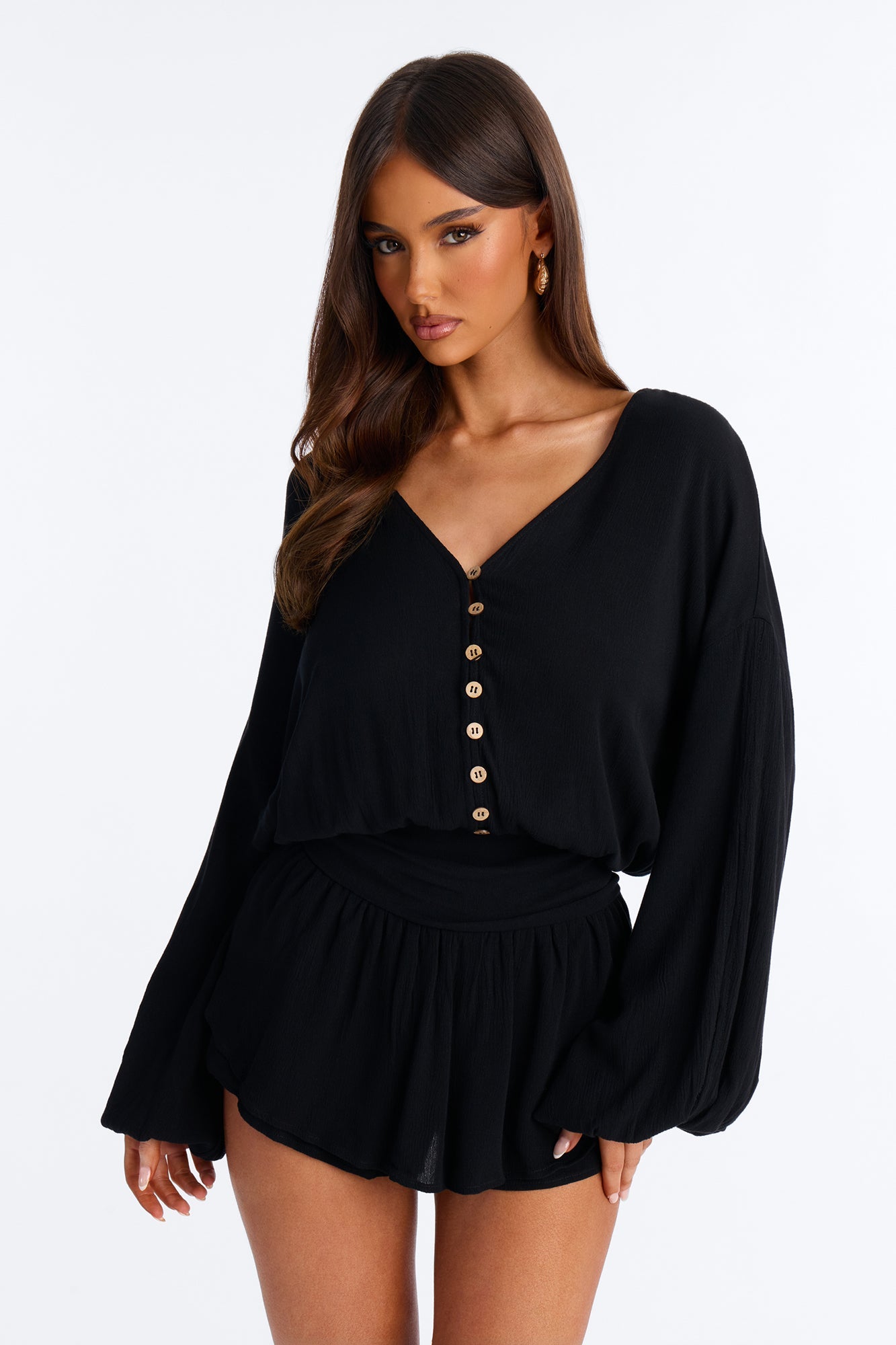 Layna Long Sleeve Flowy Romper - Black Fashion Nova