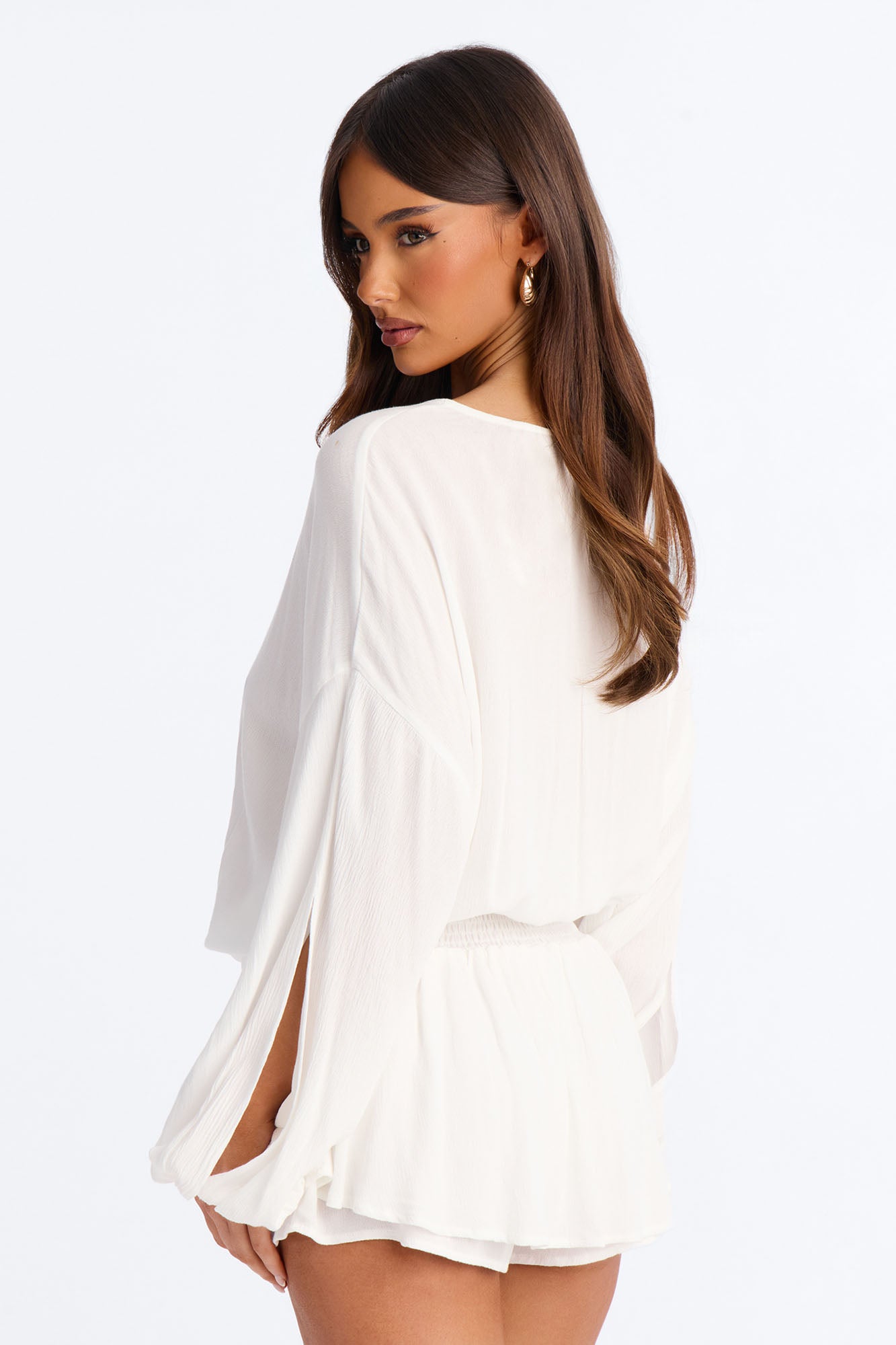 Layna Long Sleeve Flowy Romper - White Fashion Nova
