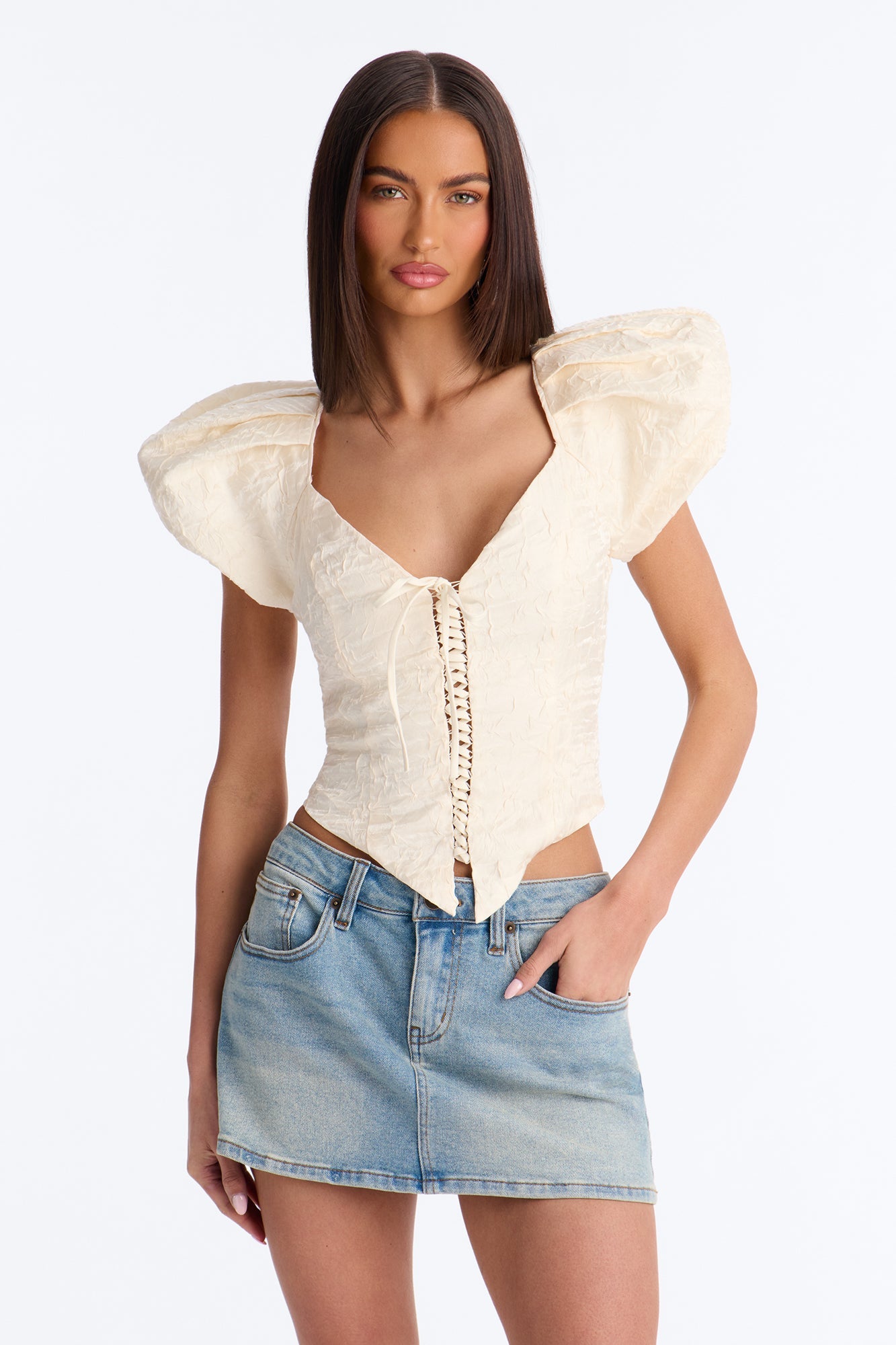 Royal Attitude Puff Sleeve Lace Up Top - Cream