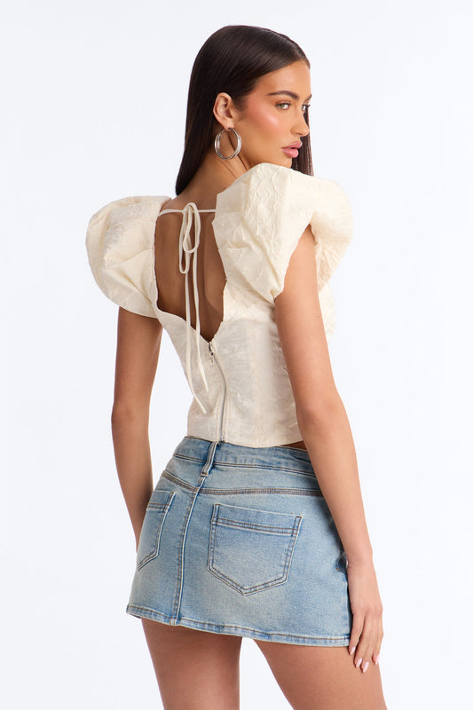 Royal Attitude Puff Sleeve Lace Up Top - Cream
