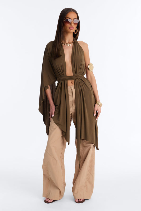 Bare In Bali Deep V-Neck Draped Short Sleeve Long Top - Olive