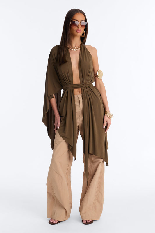 Bare In Bali Deep V-Neck Draped Short Sleeve Long Top - Olive