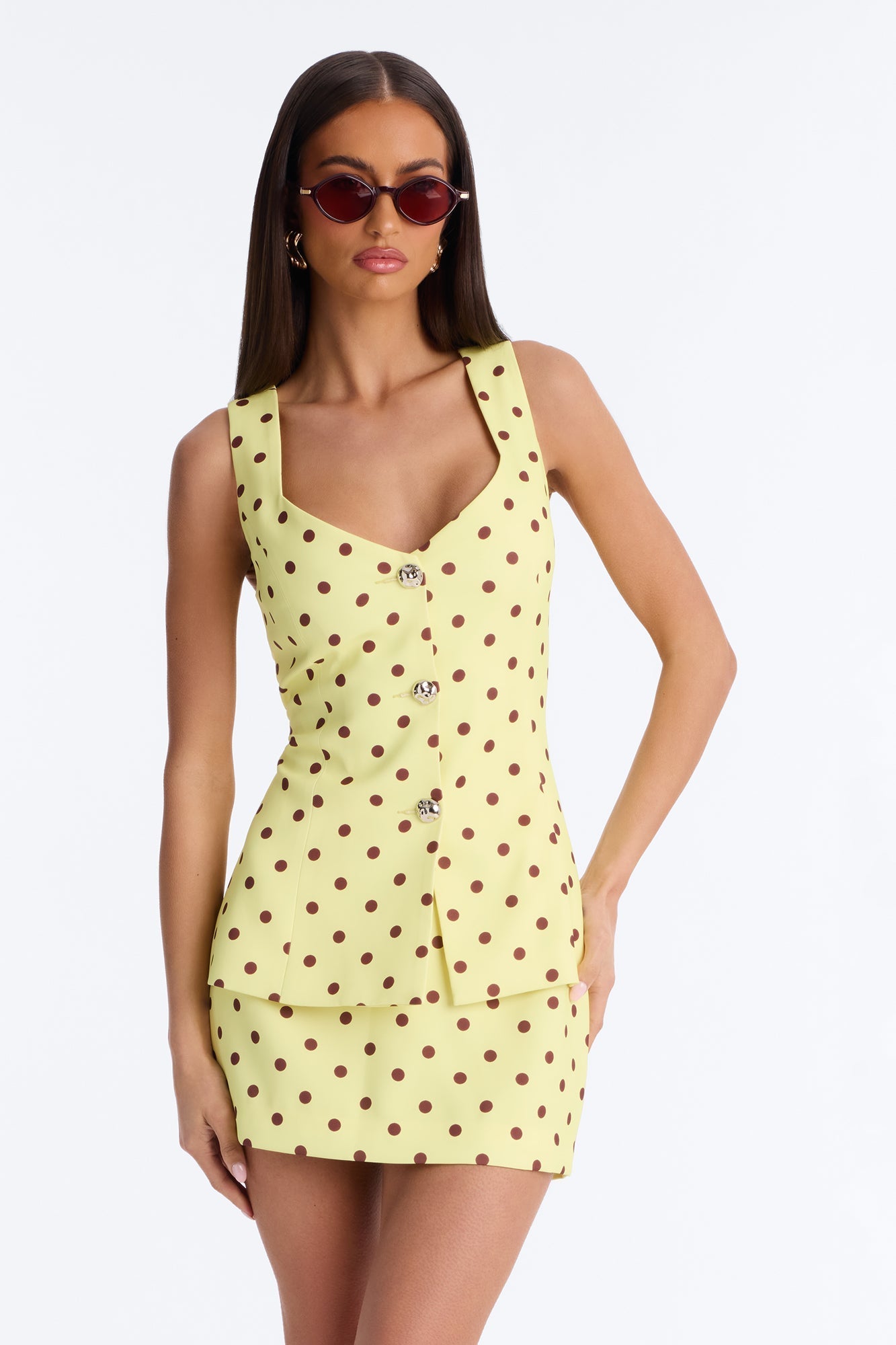 Cori Polka Dot Vest Mini Skirt Set - Yellow/combo NEWFASHIONEDGE