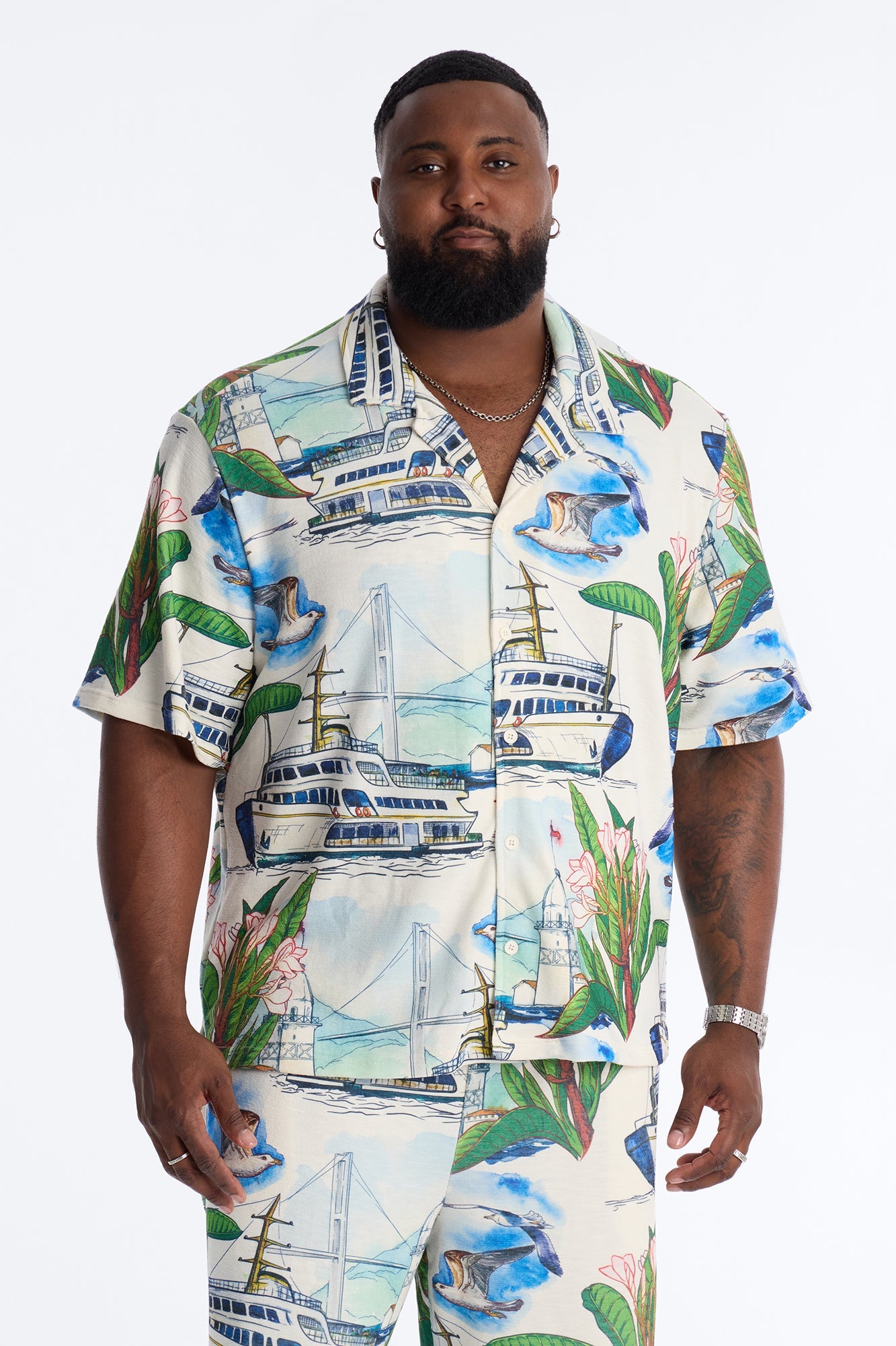 Relaxed Portofino Vista Cuban Collar Button Up Shirt - Multi Color