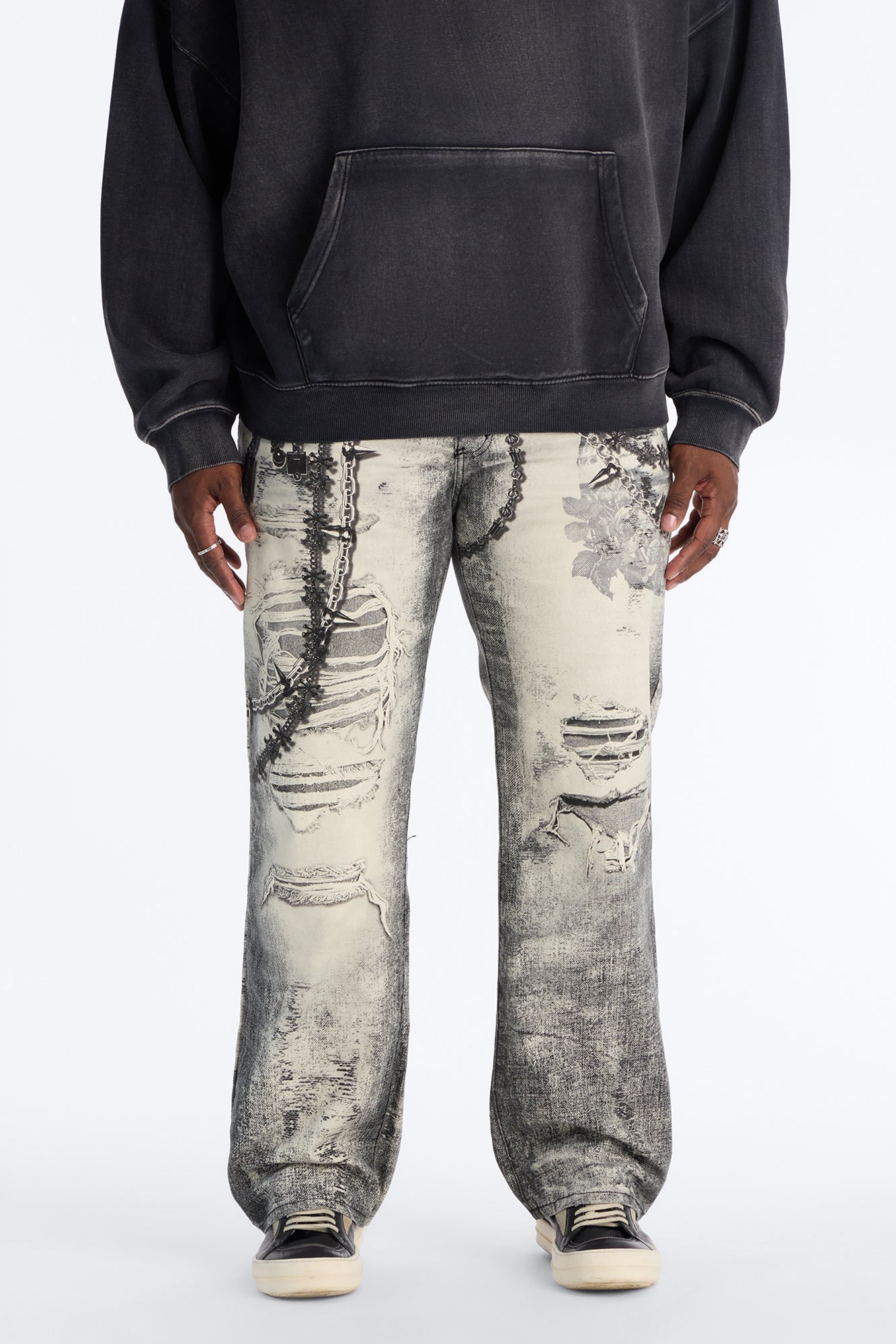 Smoke N Chains Printed Baggy Jean - Acid Wash Black