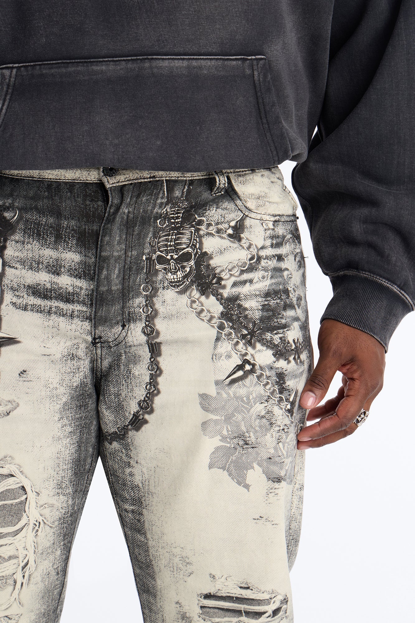 Smoke N Chains Printed Baggy Jean - Acid Wash Black