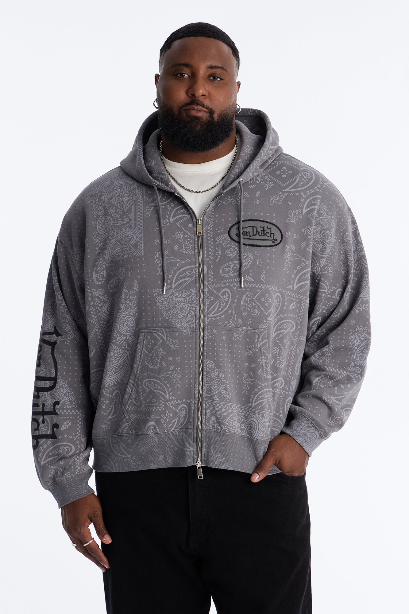 Von Dutch Chain Stitched Zip Up Hoodie - Charcoal
