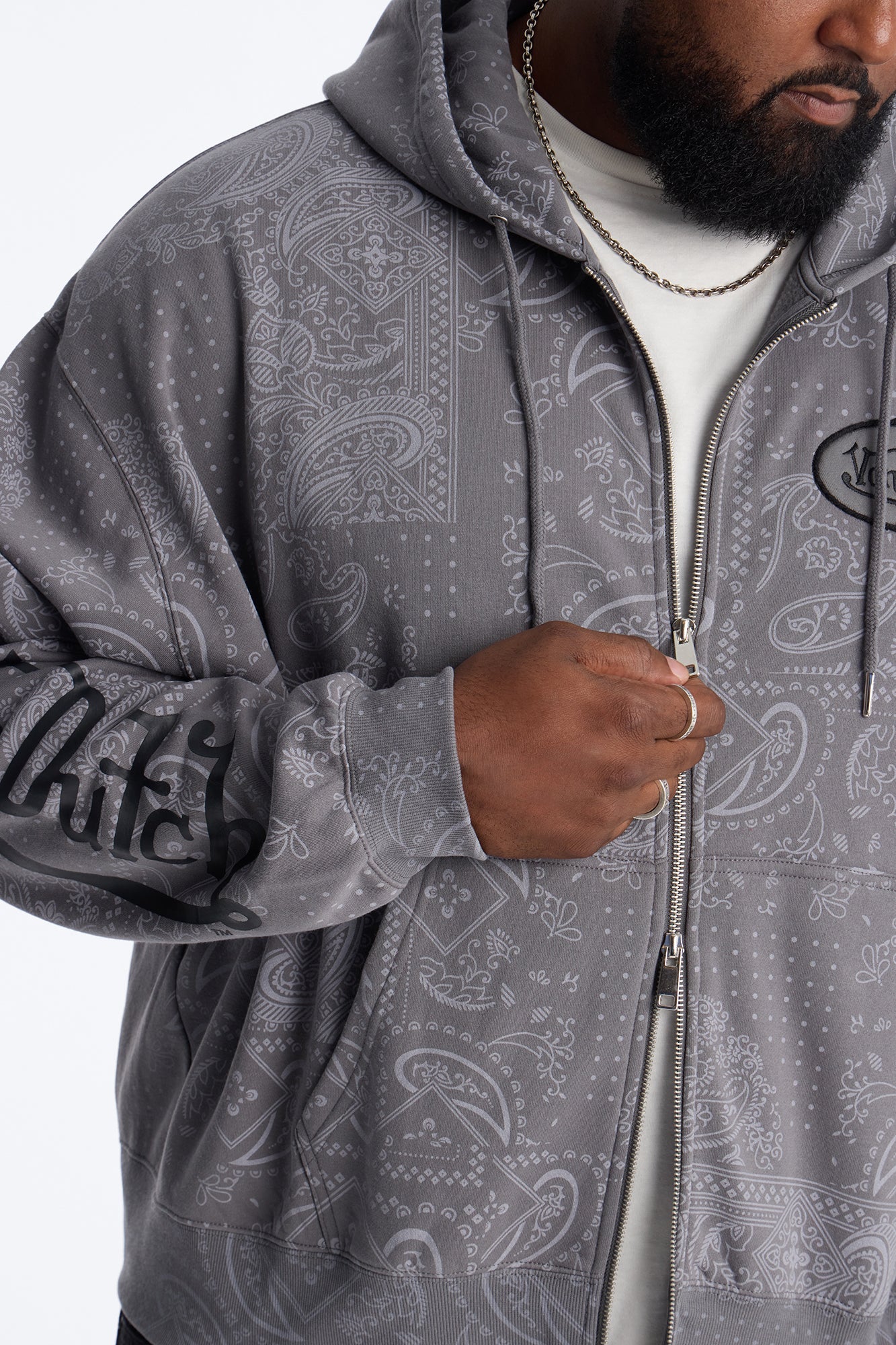 Von Dutch Chain Stitched Zip Up Hoodie - Charcoal