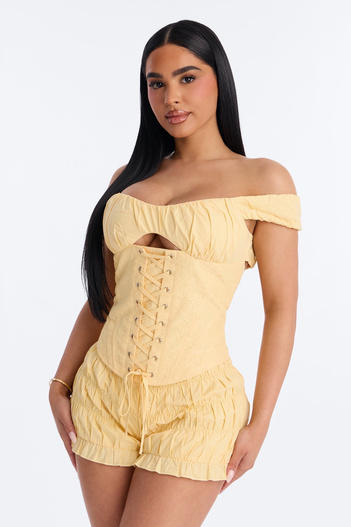 Gigi Poplin Corset And Micro Short Set - Yellow NEWFASHIONEDGE