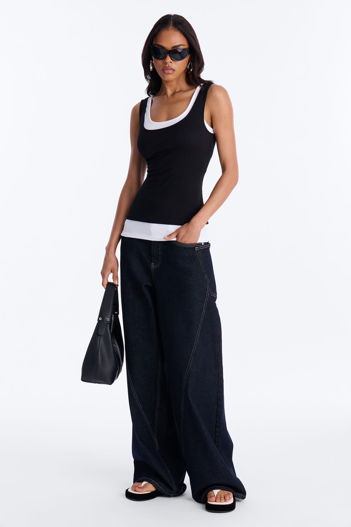 Ashlee Ribbed Layered Off Shoulder Tank Top - Black/White NEWFASHIONEDGE