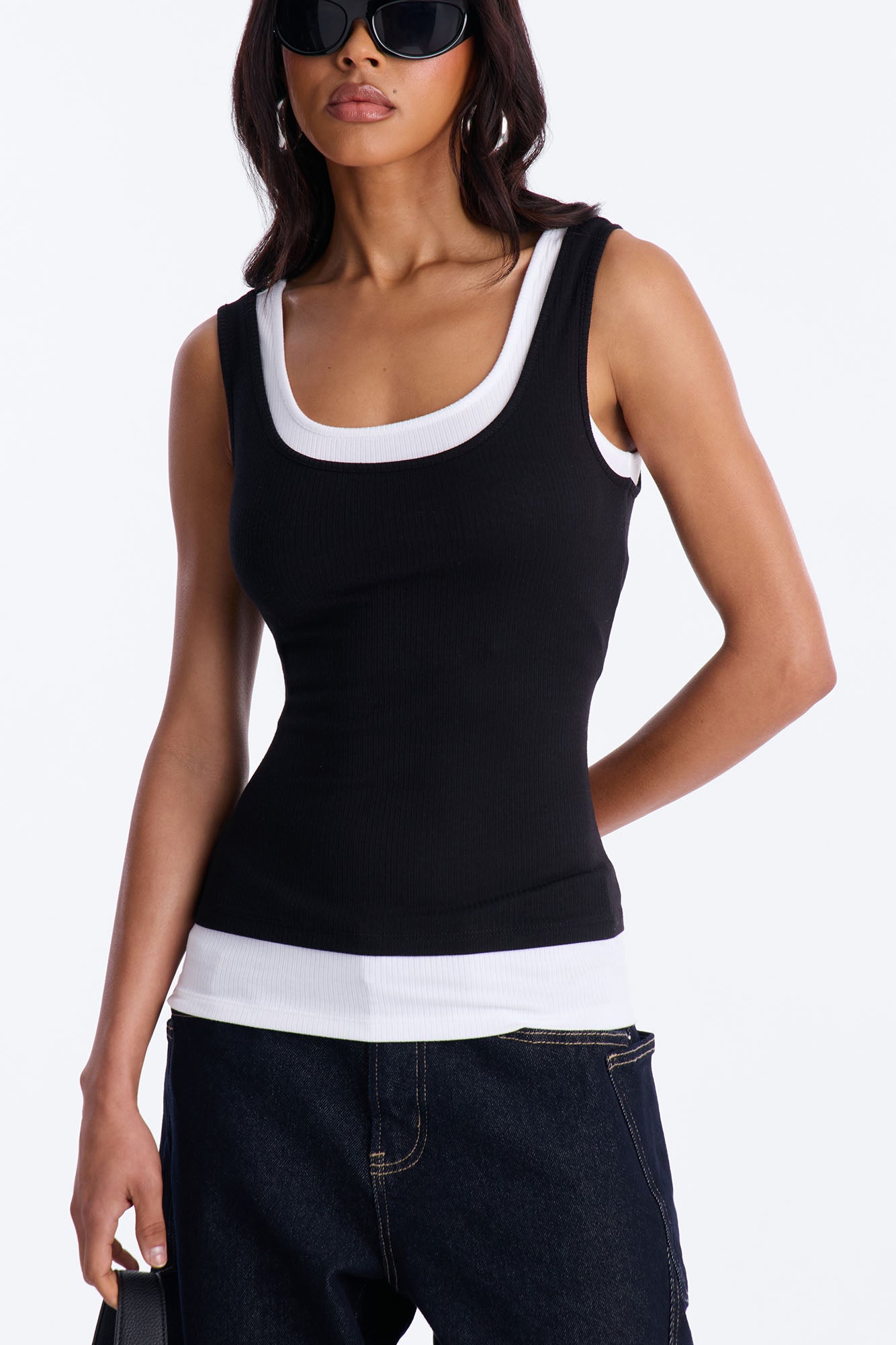 Ashlee Ribbed Layered Off Shoulder Tank Top - Black/White NEWFASHIONEDGE
