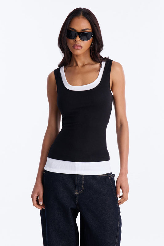 Ashlee Ribbed Layered Off Shoulder Tank Top - Black/White NEWFASHIONEDGE
