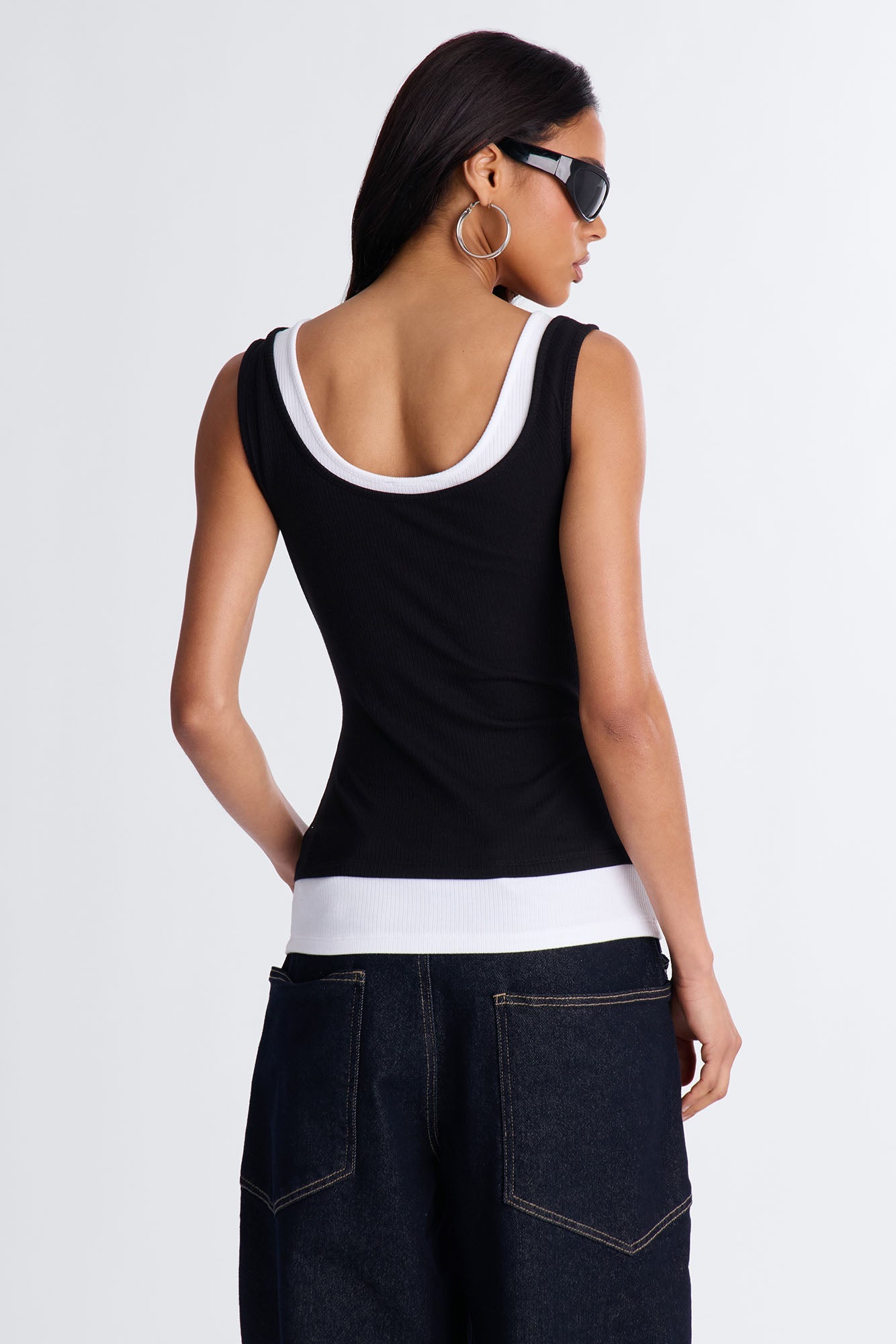 Ashlee Ribbed Layered Off Shoulder Tank Top - Black/White