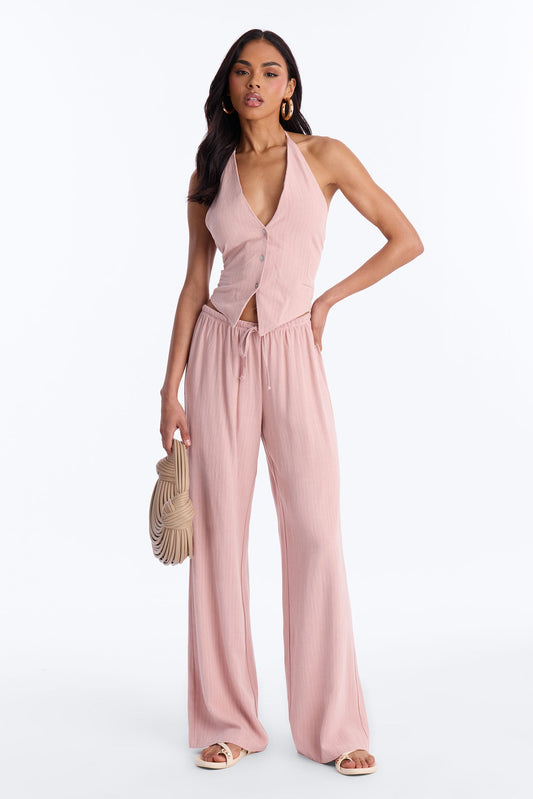 Girl Gone Wild Pinstripe Linen Halter Top - Blush
