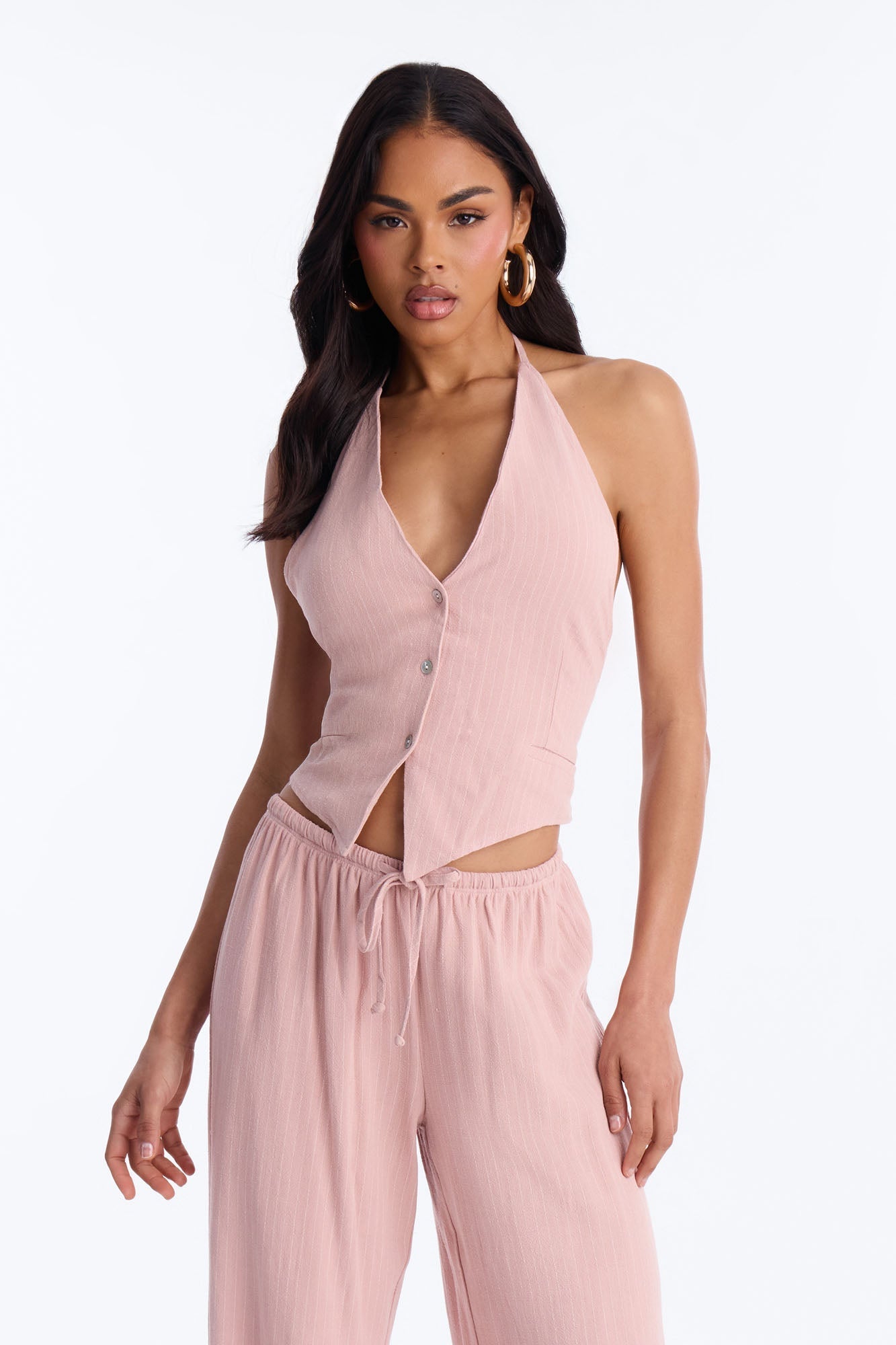 Girl Gone Wild Pinstripe Linen Halter Top - Blush NEWFASHIONEDGE