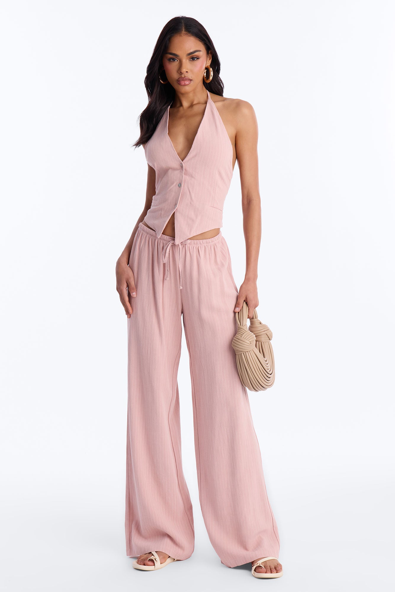 Girl Gone Wild Pinstripe Low Rise Wide Leg Pant 30″ - Blush NEWFASHIONEDGE