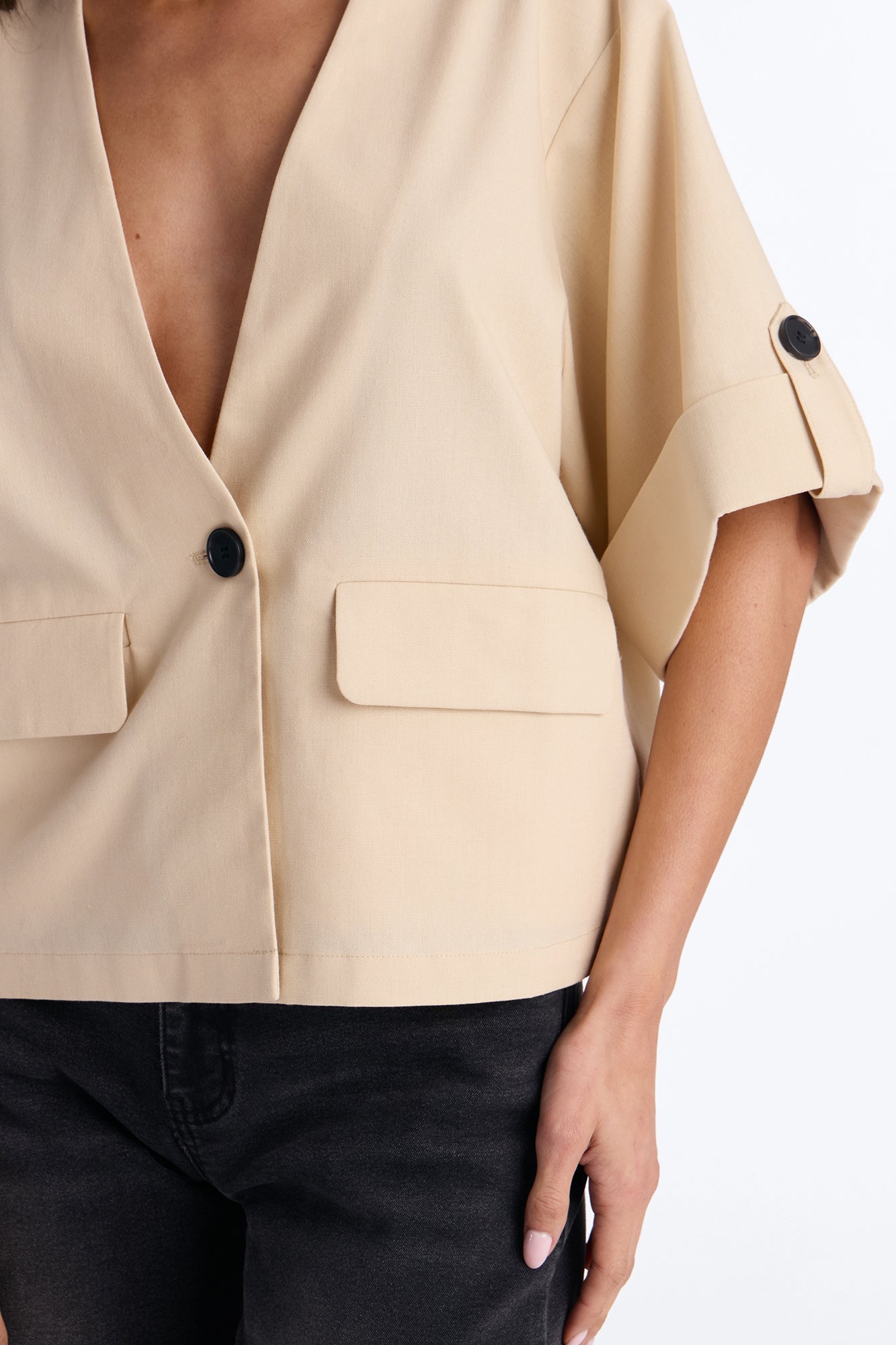 Ready When You Are Cuffed Linen Top - Beige
