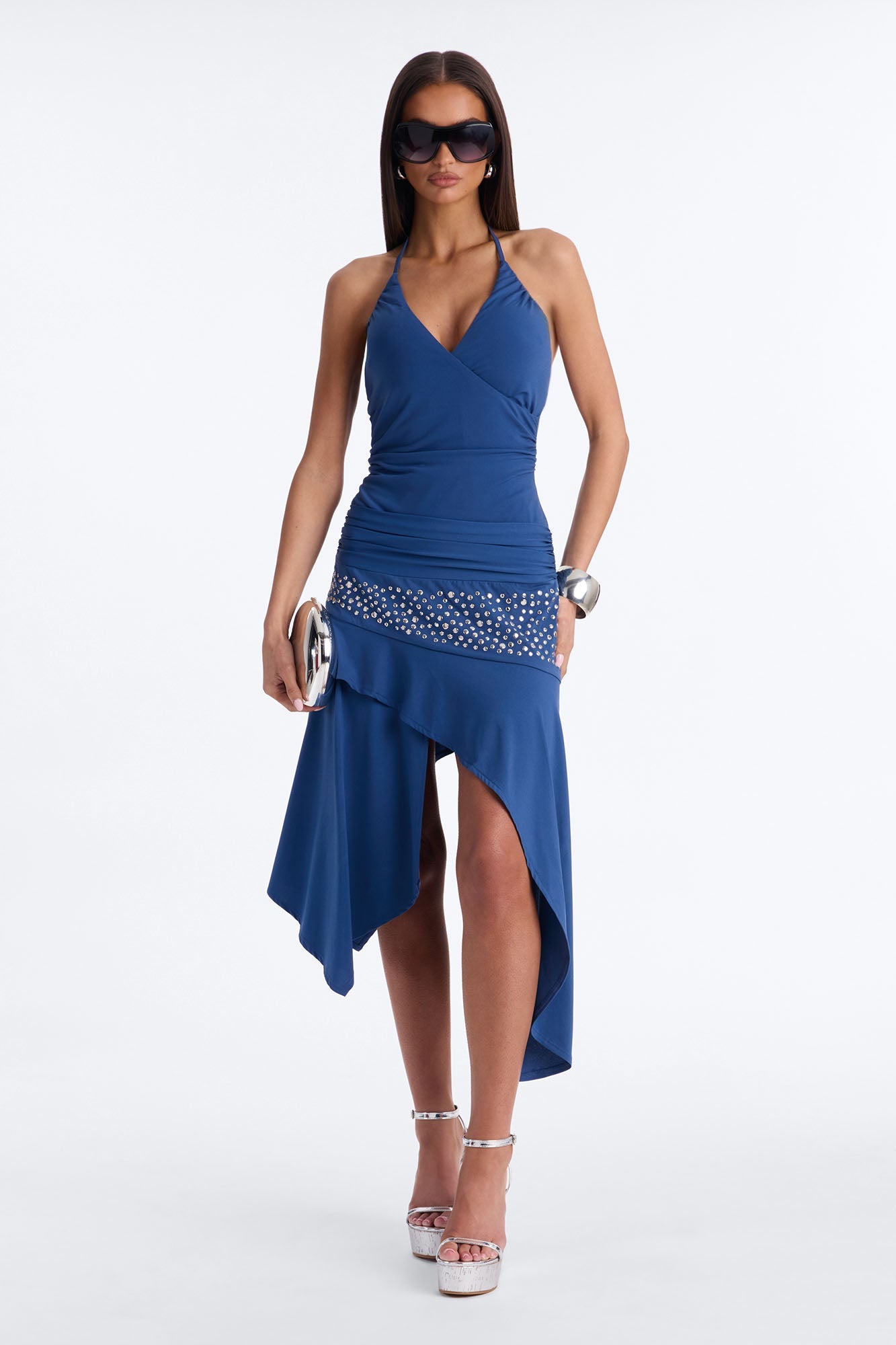 Hallie Studded Asymmetrical Midi Dress - Navy Fashion Nova
