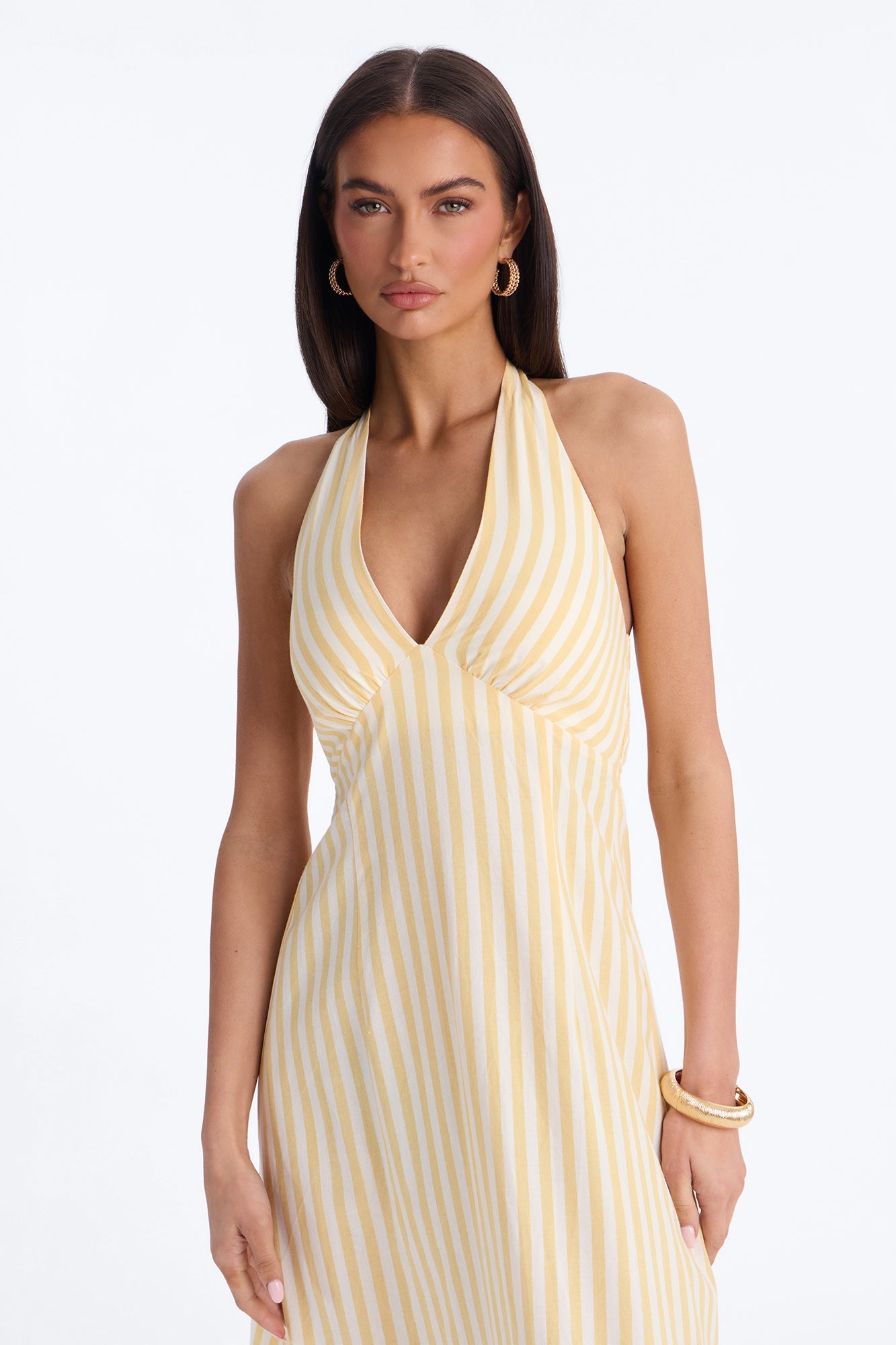 Cordelia Striped Linen Midi Dress - Yellow/combo Fashion Nova