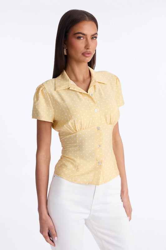 Fresh Season Polka Dot Linen Shirt - Yellow/combo
