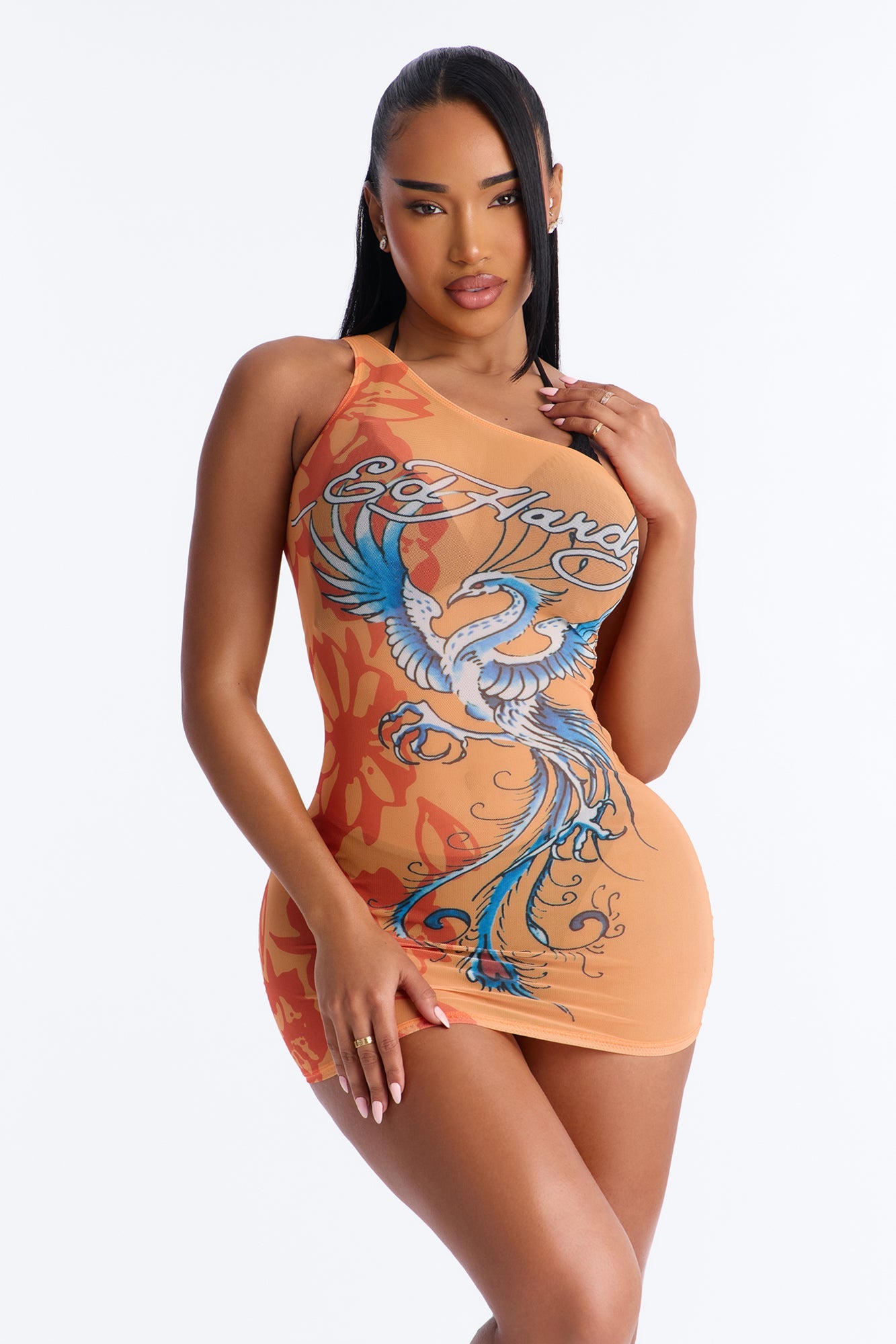 Ed Hardy Crane One Shoulder Mesh Cover Up Dress - Orange/combo