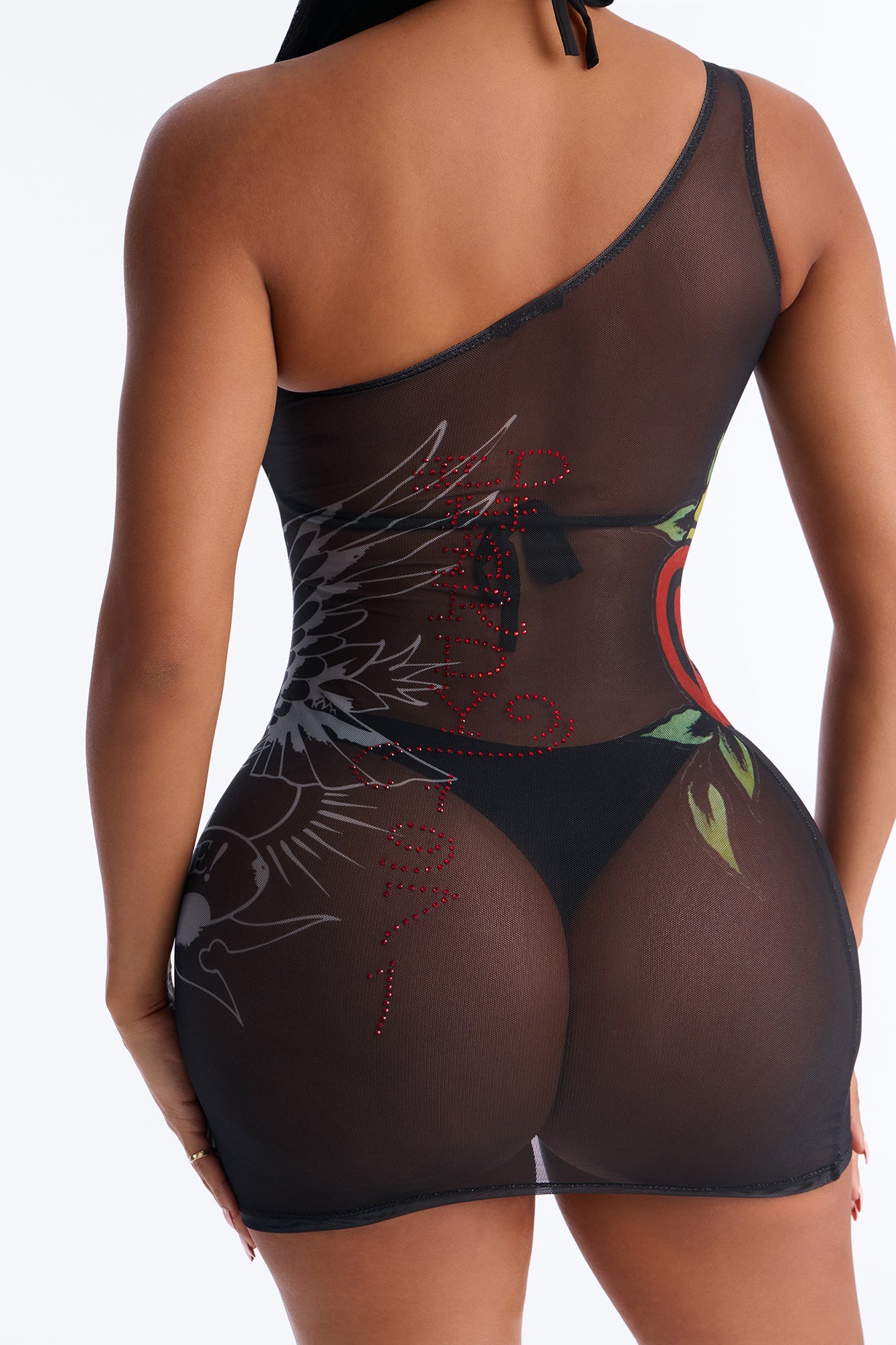 Ed Hardy Hearts One Shoulder Mesh Cover Up Dress - Black/combo Fashion Nova