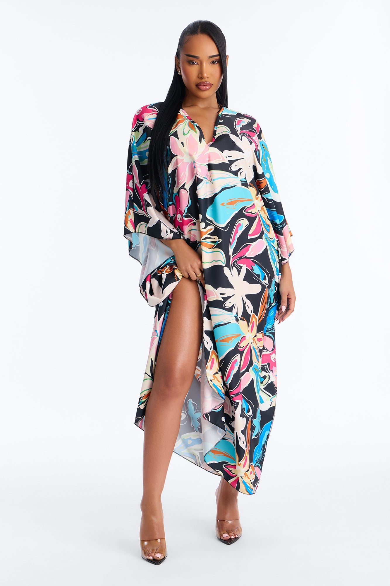 Find Me In Hawaii Floral Long Sleeve Kaftan Cover Up - Multi Color