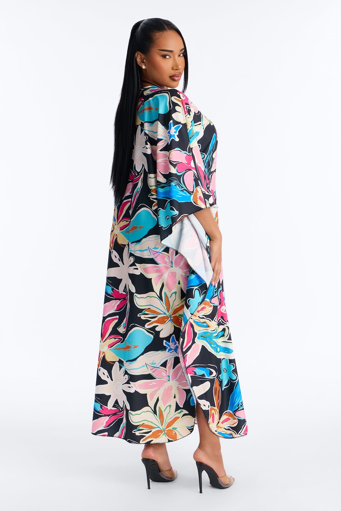 Find Me In Hawaii Floral Long Sleeve Kaftan Cover Up - Multi Color NEWFASHIONEDGE