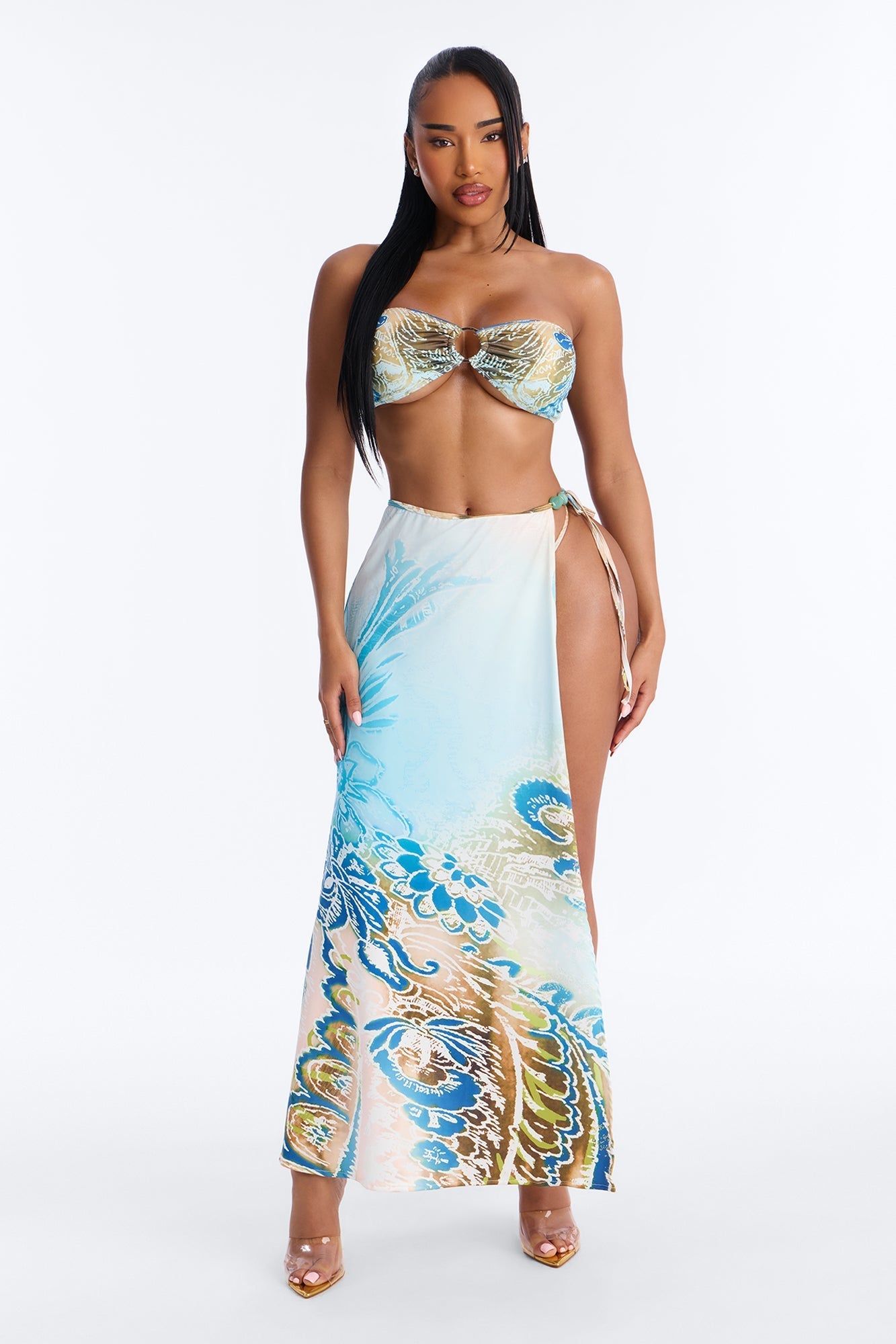 Blazing Bay 3 Piece Bandeau Bikini Skirt Set - Blue/combo NEWFASHIONEDGE