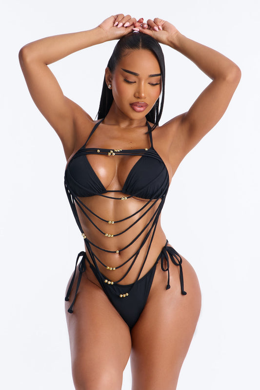 Treasure Island Strappy Waterfall Beaded 2 Piece Bikini - Black Fashion Nova