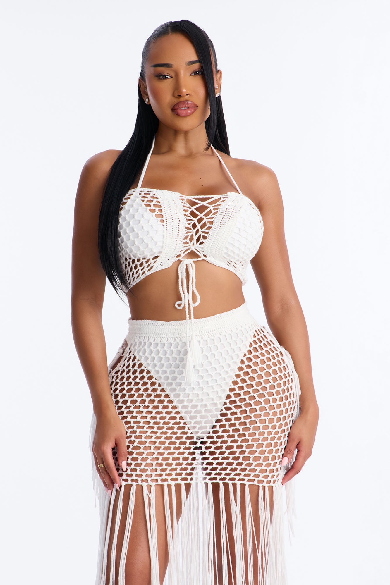 Gemma Lace Up Fringe Trim Swim Cover Up Skirt - White Fashion Nova