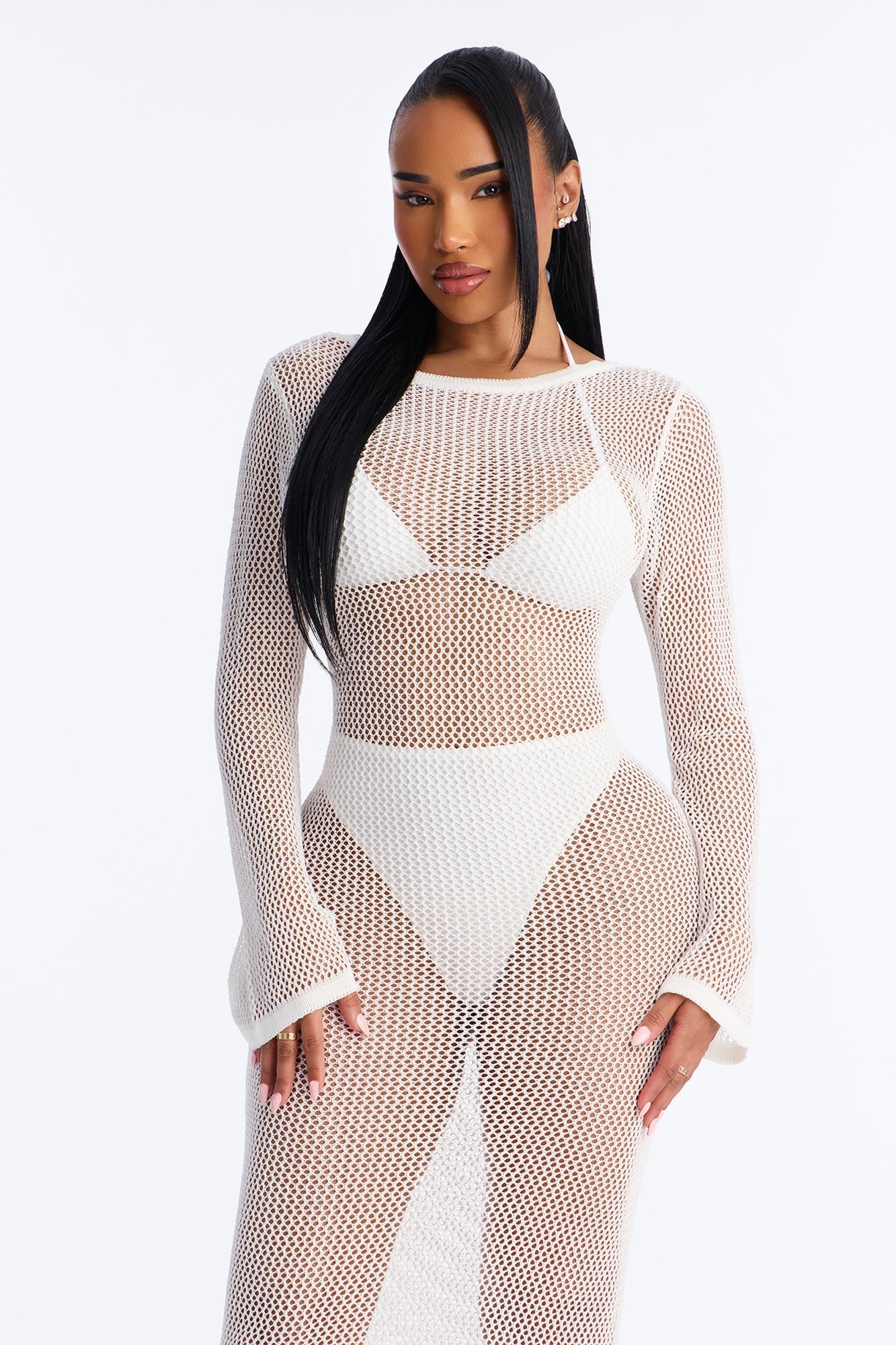 Coastal Veil Crochet Cover Up Bell Sleeve Dress - White NEWFASHIONEDGE
