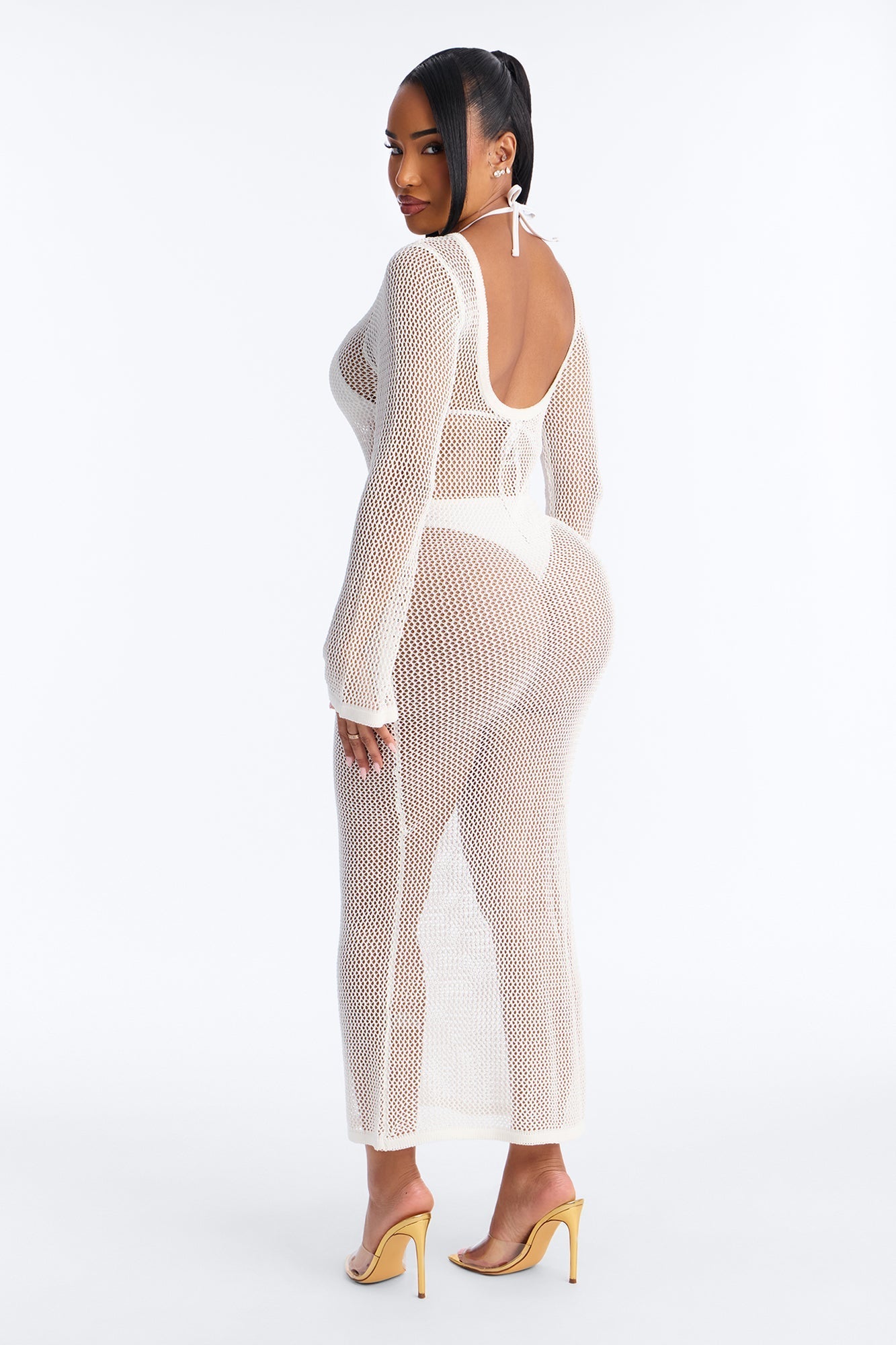 Coastal Veil Crochet Cover Up Bell Sleeve Dress - White NEWFASHIONEDGE