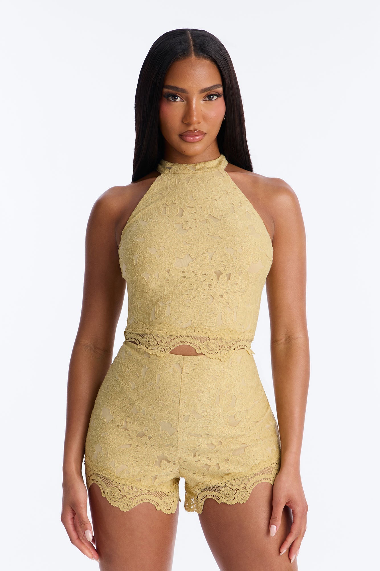 Lace Embrace Halter Top And Short Set - Yellow NEWFASHIONEDGE