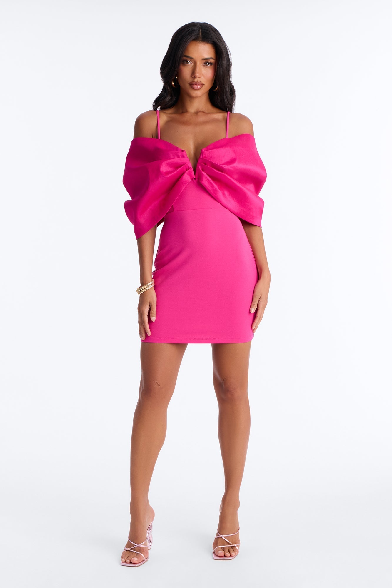 Audrina Pleated Bow Mini Dress - Fuchsia NEWFASHIONEDGE