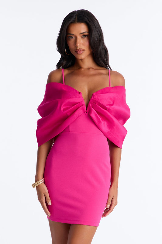 Audrina Pleated Bow Mini Dress - Fuchsia NEWFASHIONEDGE