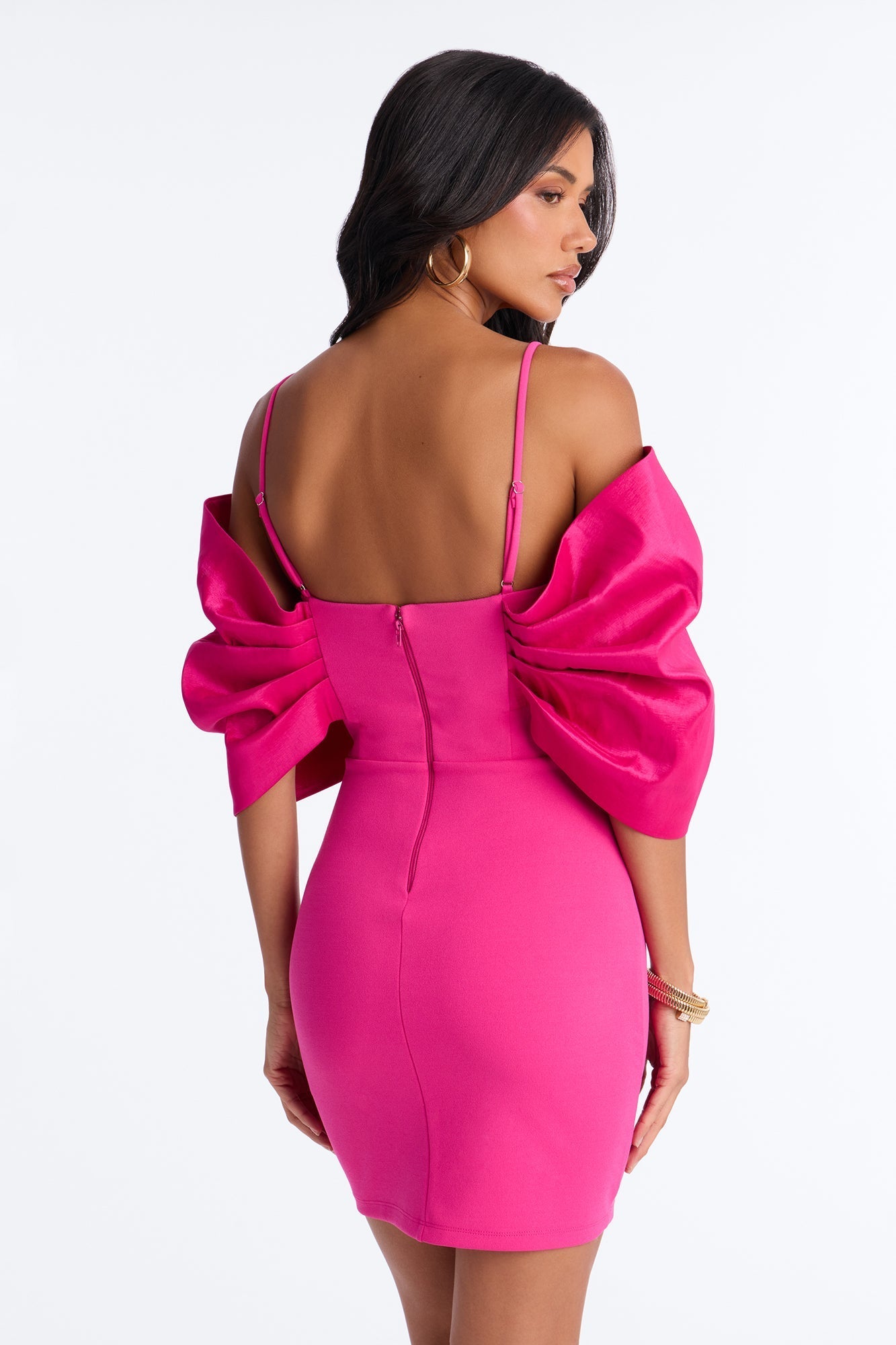 Audrina Pleated Bow Mini Dress - Fuchsia NEWFASHIONEDGE