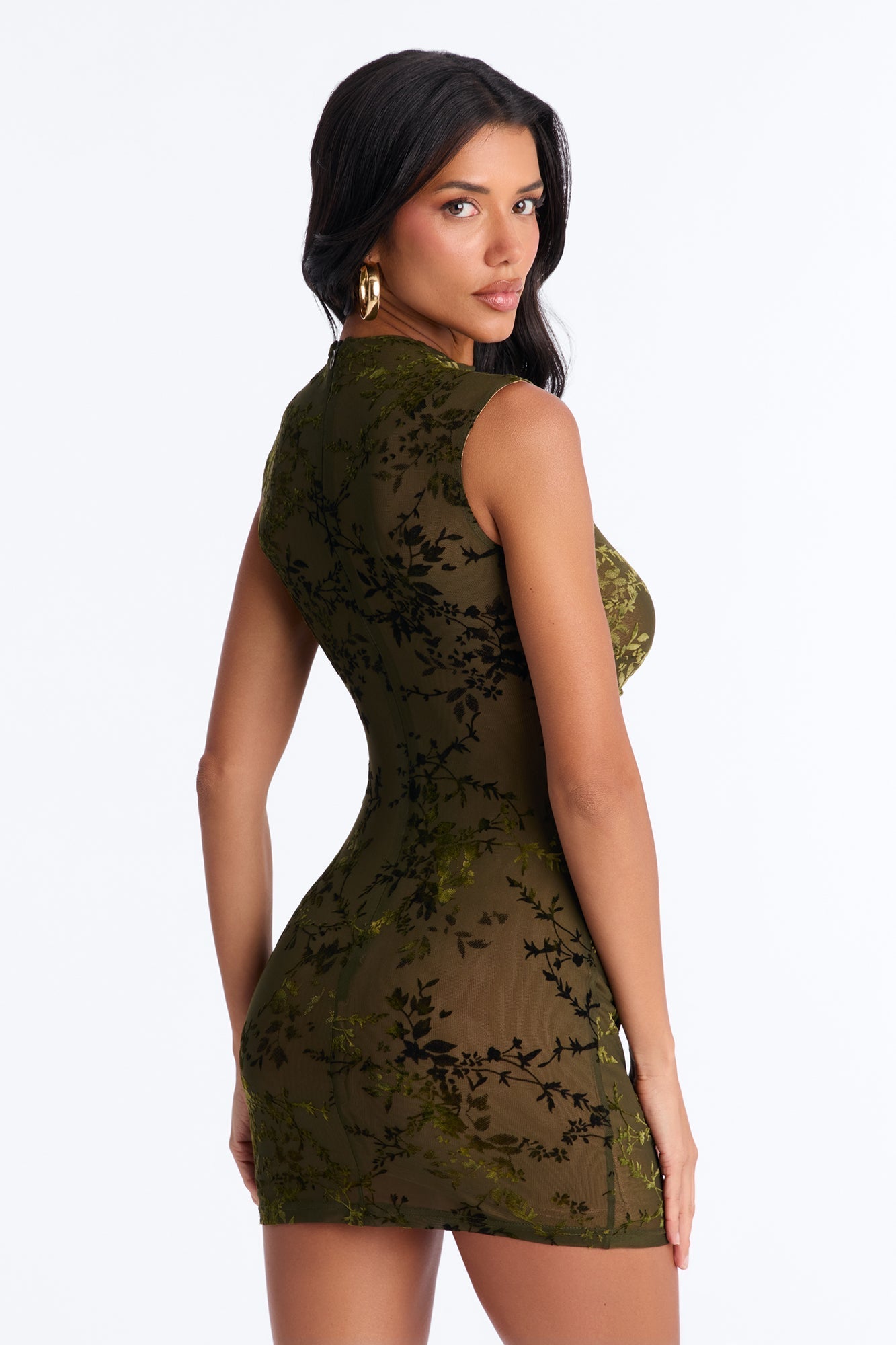 Magnolia Flocked Mesh Mini Dress - Olive NEWFASHIONEDGE